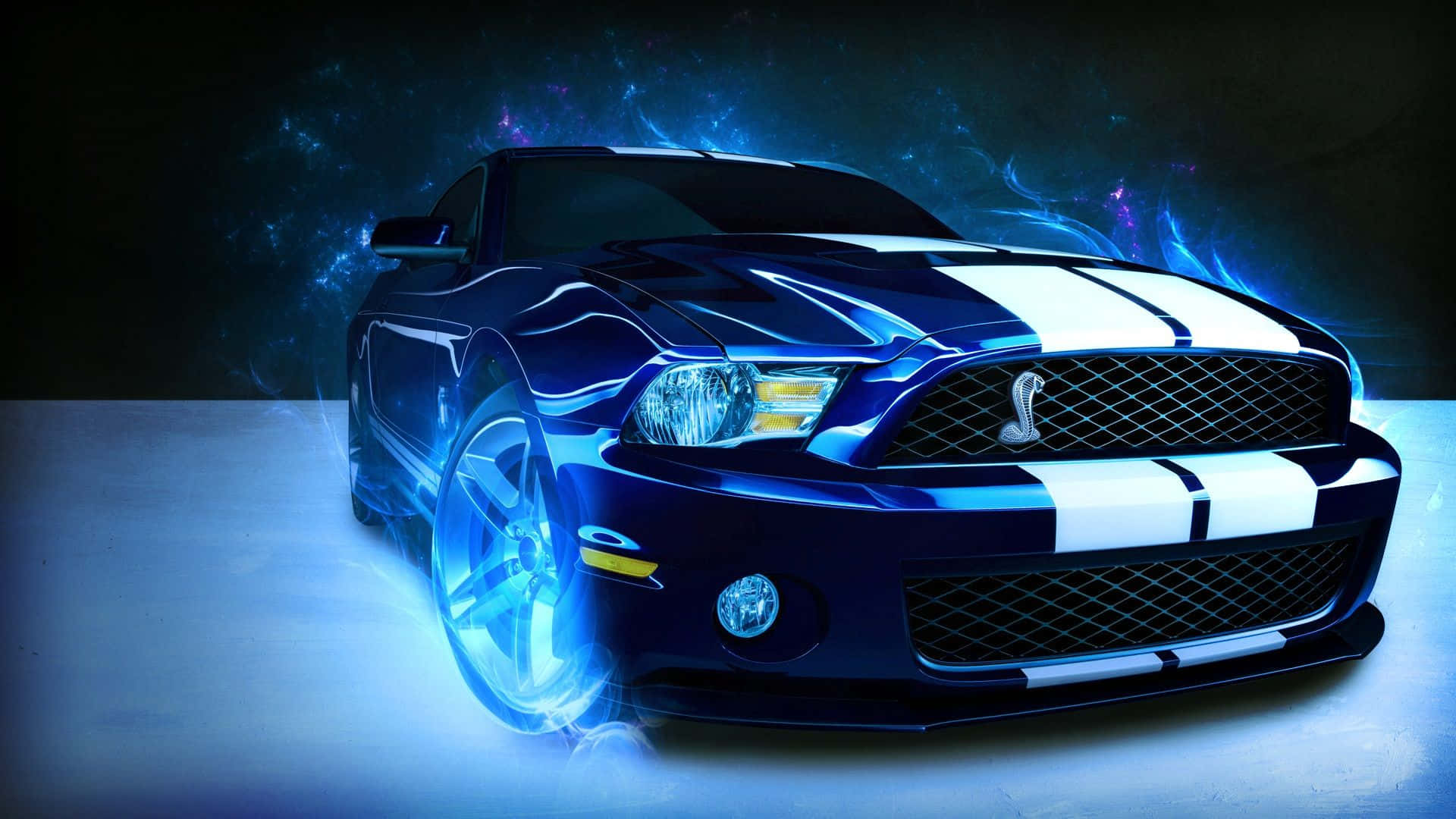 福特 桌布 壁紙 — 一架時尚的藍色Shelby Mustang帶有白色賽車條紋，在黑暗的宇宙背景下發出電光藍色的能量。