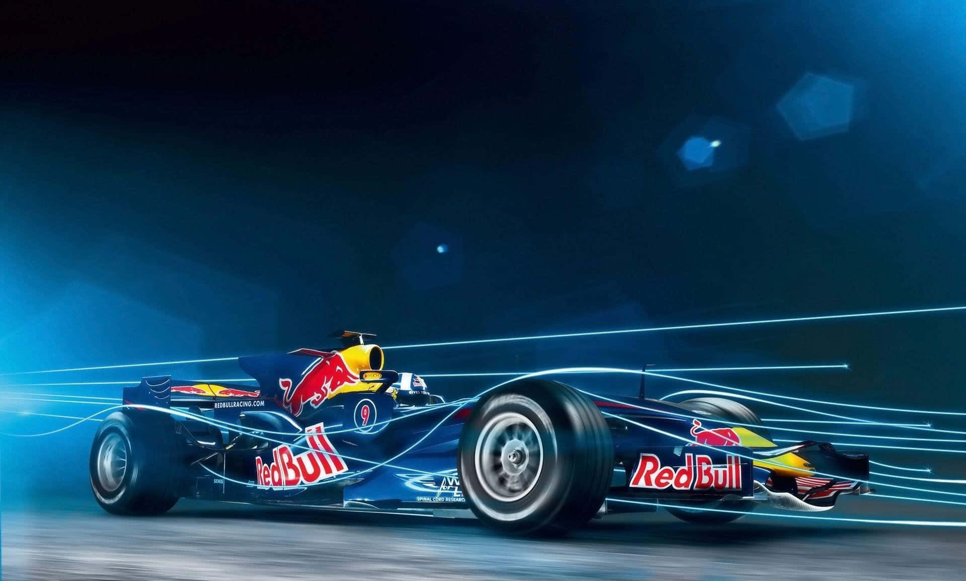 Max Verstappen 桌布 壁紙 — 一架時尚的藍色紅牛一級方程式賽車在黑暗隧道中疾馳，伴隨著發光的藍色動態軌跡。