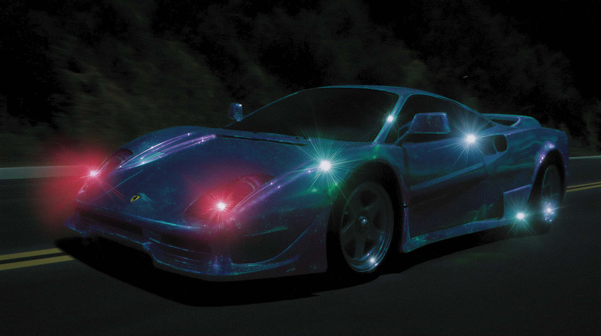 Gleaming Supercar Accelerating on a Darkened Highway 壁紙 — 一架時尚的藍色跑車在樹木環繞的黑暗道路上閃爍著霓虹燈光。