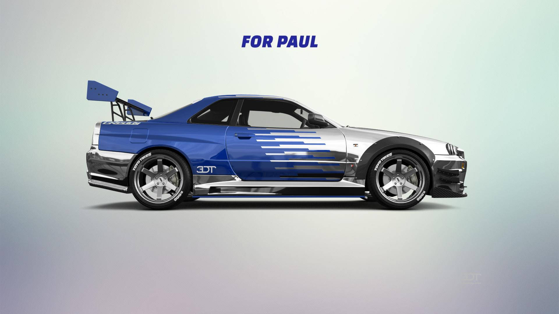 Paul Walker 桌布 壁紙 — 一架時尚的藍銀色跑車，帶有大型後尾翼和定制條紋，站在漸變工作室背景中。