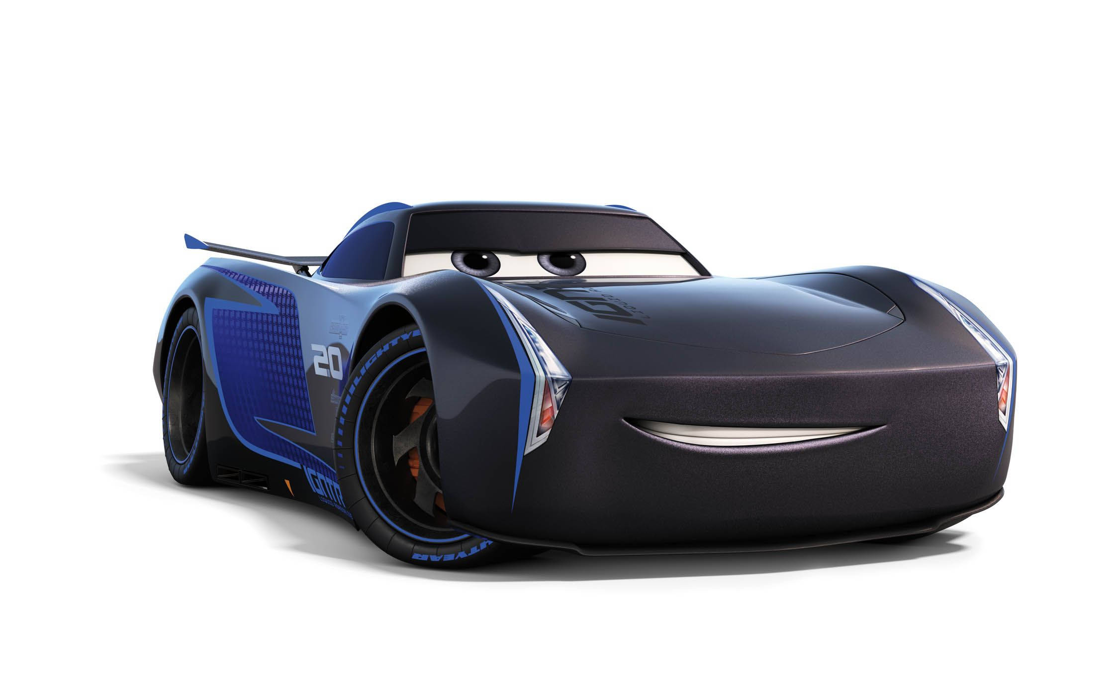 電影動圖 桌布 壁紙 — 一架時尚的藍黑動畫賽車，帶有眼睛和微笑，自信地在純白背景前擺姿勢。