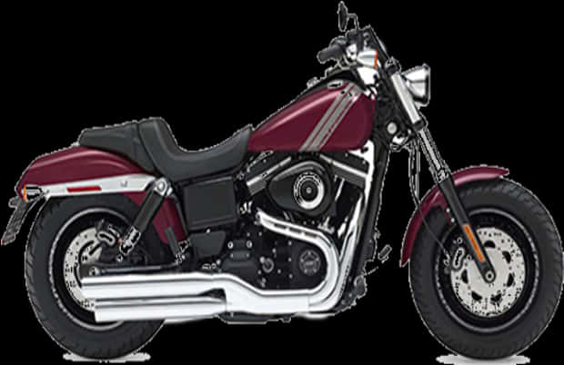 Bike HD 桌布 壁紙 — 一架時尚的酒紅色和鍍鉻巡航機車，配備黑色座椅和銀色排氣管，在黑色背景上以側面輪廓展示。