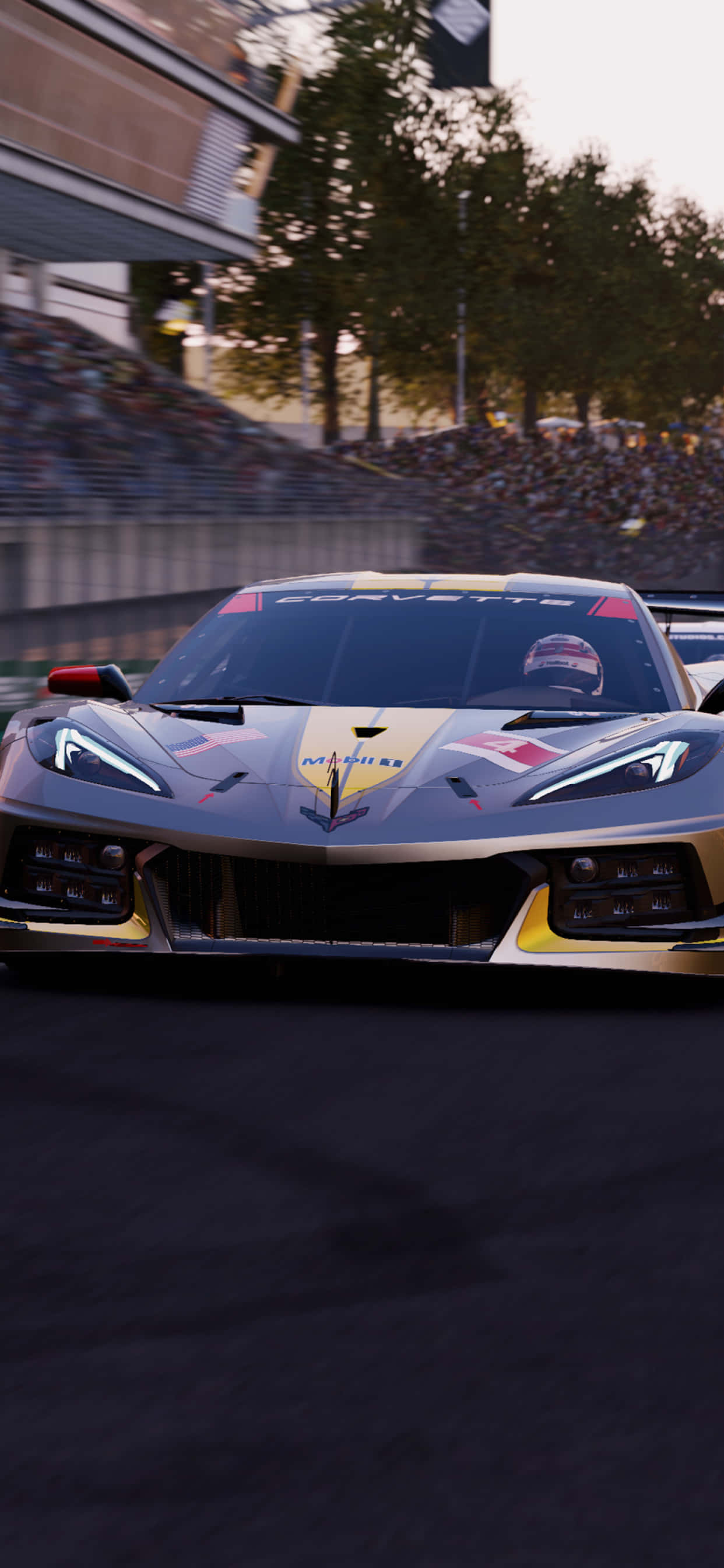 cars 桌布 壁紙 — 一架時尚的金色和黑色Corvette賽車在黃昏時分在賽道上飛馳，背景有模糊的觀眾。