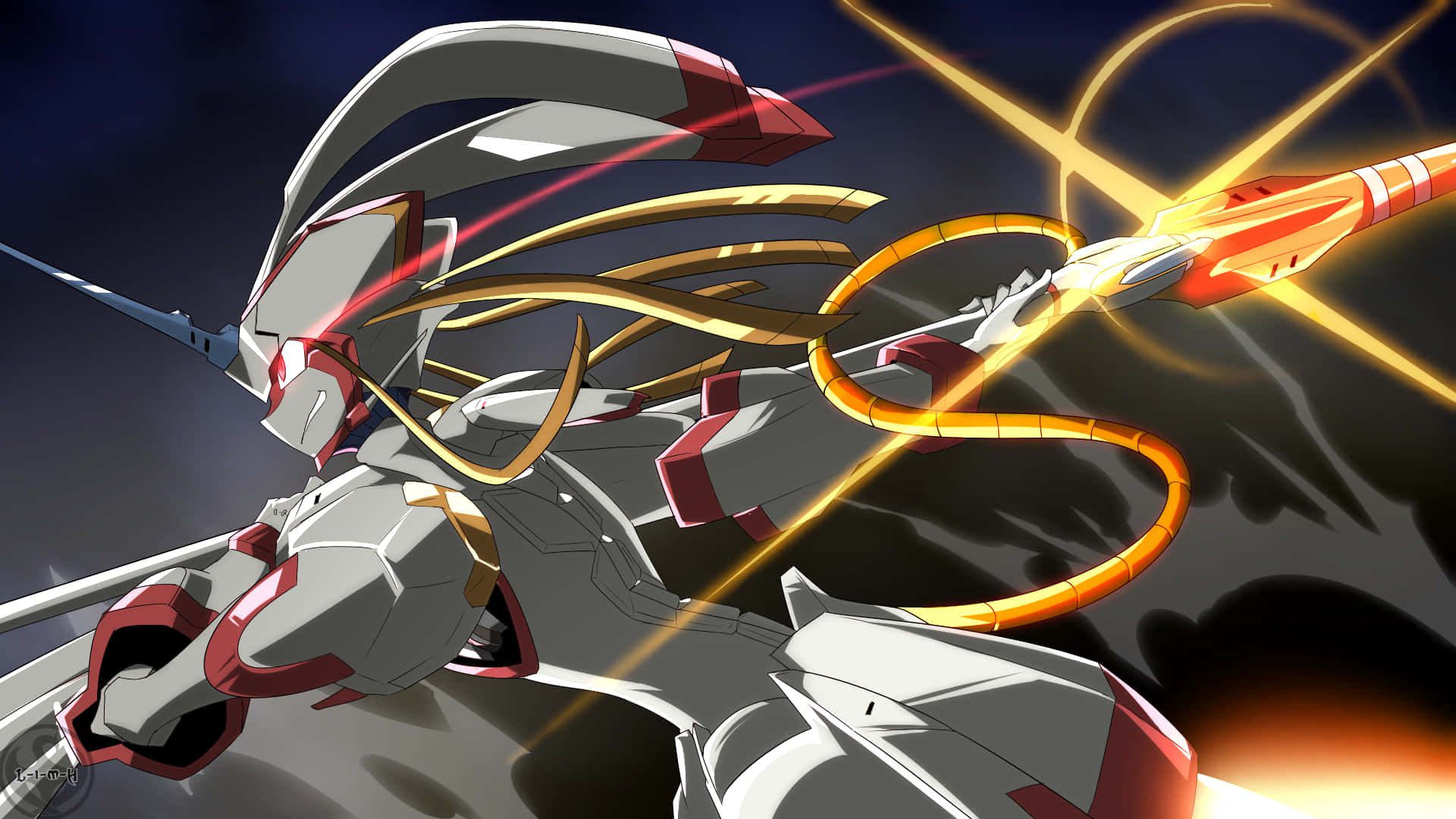 DARLING in the FRANXX 桌布 壁紙 — 一架時尚的銀紅色機甲在黑暗暴風雨的天空中發射熾熱的橙色能量光束。