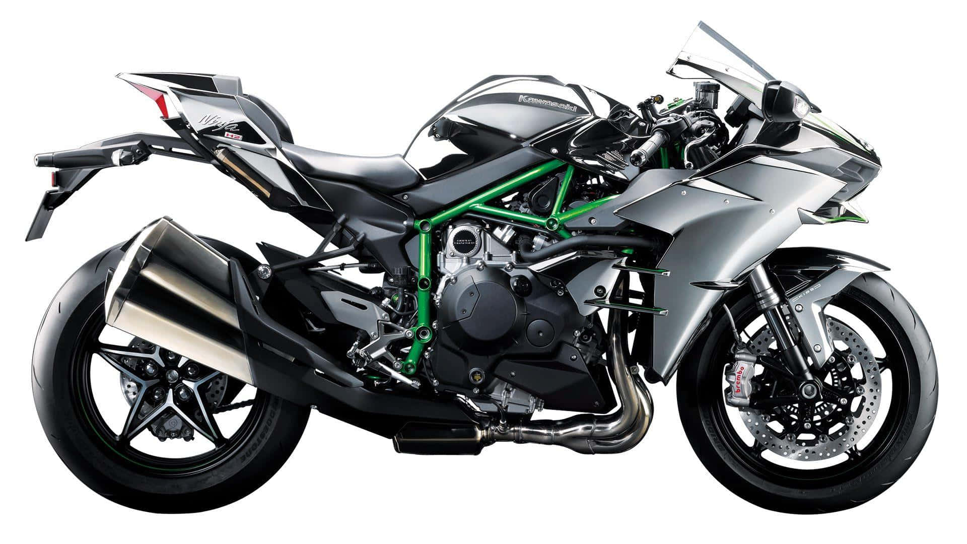HD Bikes 桌布 壁紙 — 一架時尚的銀綠色Kawasaki運動機車，帶有外露車架和鍍鉻排氣管，背景為白色。