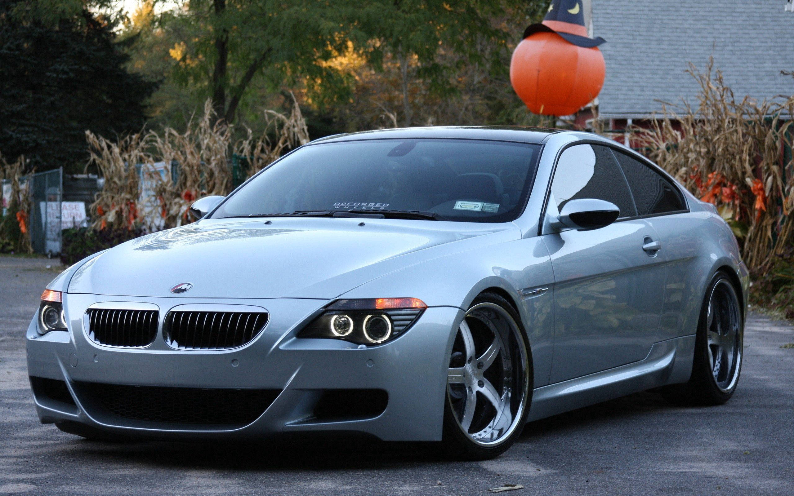 BMW 動圖 桌布 壁紙 — 一架時尚的銀色BMW M6雙門跑車停泊在車道上，背景有秋天的玉米稈和萬聖節南瓜氣球。