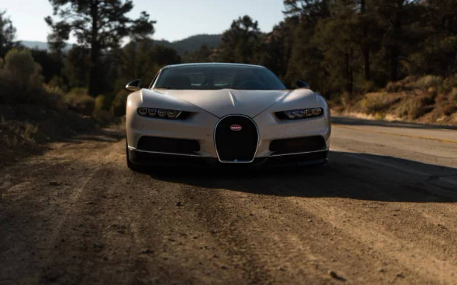 4K 桌布 壁紙 — 一架時尚的銀色Bugatti Chiron停泊在陽光明媚的泥土路上，周圍環繞著高大的松樹和遠山。
