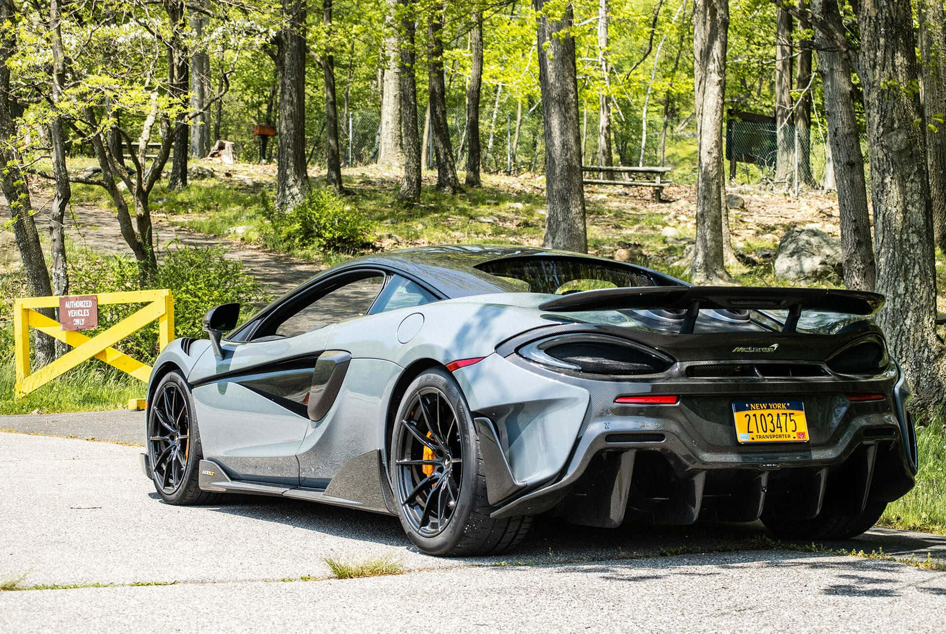 麥拉倫 桌布 壁紙 — 一架時尚的銀色McLaren跑車停泊在碎石路上，周圍是陽光普照的綠樹。
