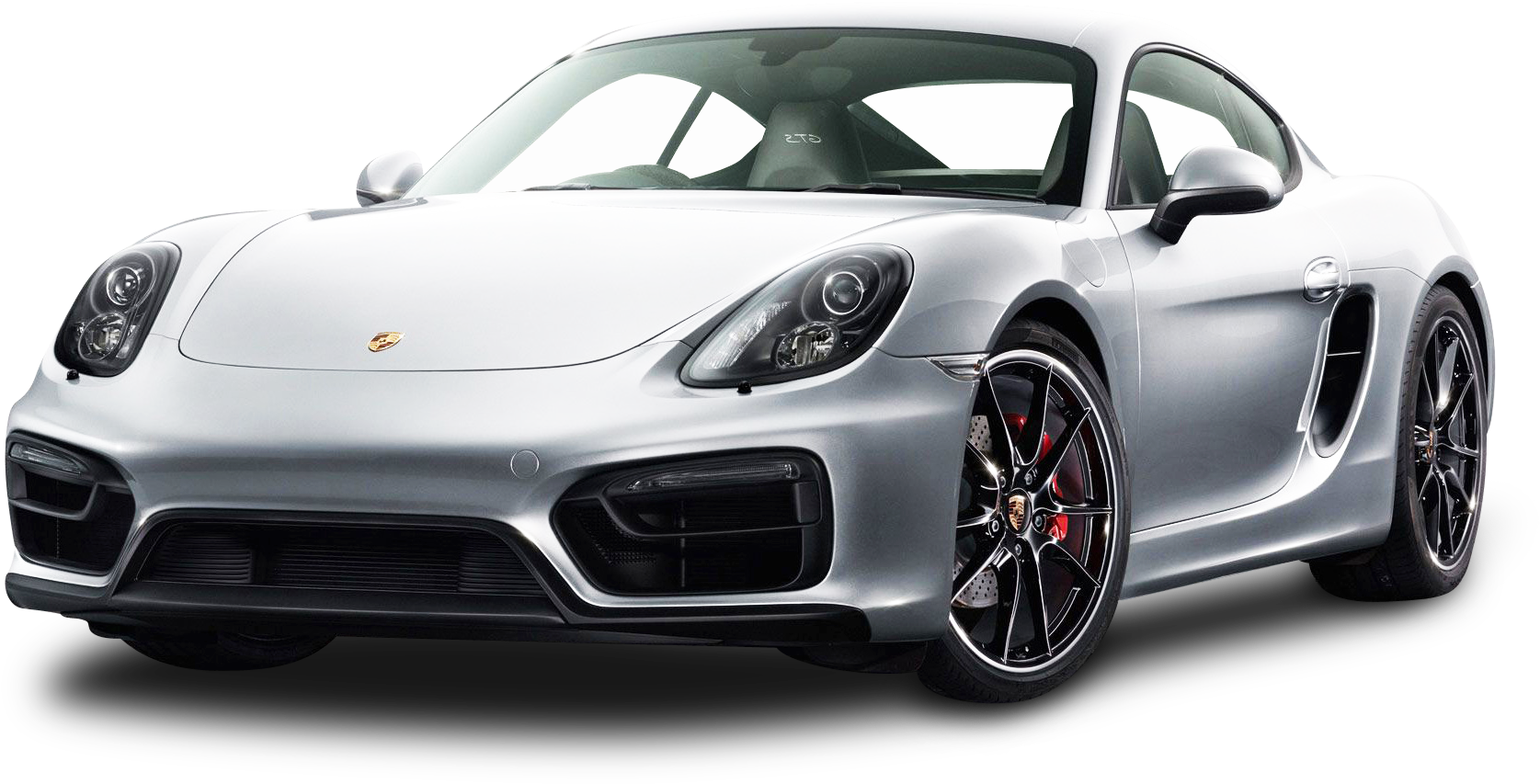 保時捷 桌布 壁紙 — 一架時尚的銀色保時捷 Cayman GT4 跑車，配備黑色輪圈和紅色制動卡鉗，孤立在純黑色背景上。