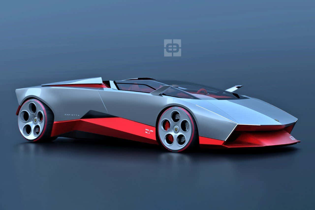 Minimalist Car 桌布 壁紙 — 一架時尚的銀色和紅色未來主義跑車，採用棱角設計和裸露車輪，停放在深色工作室地板上。
