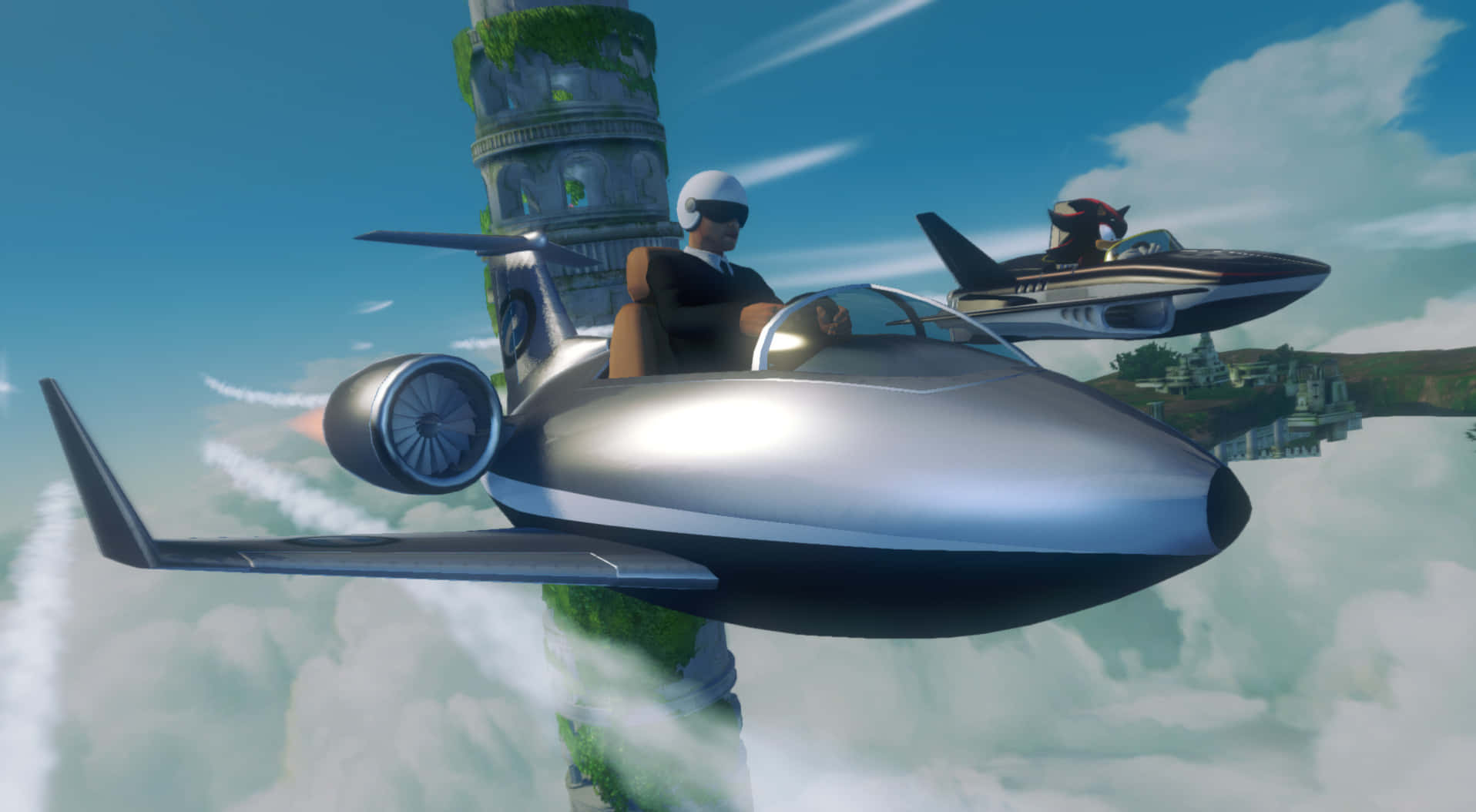 Sonic And All-stars Racing Transformed 桌布 壁紙 — 一架時尚的銀色噴射機穿過雲層，飛行員戴著頭盔和太陽眼鏡，在長滿青苔的塔樓附近超越另一架噴射機。