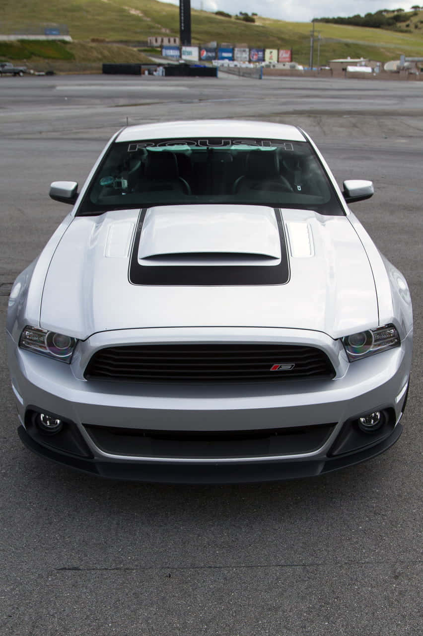 Ford Mustang Roush 桌布 壁紙 — 一架時尚的銀色福特野馬，帶有黑色賽車條紋和引擎蓋進氣口，停在瀝青賽道上。