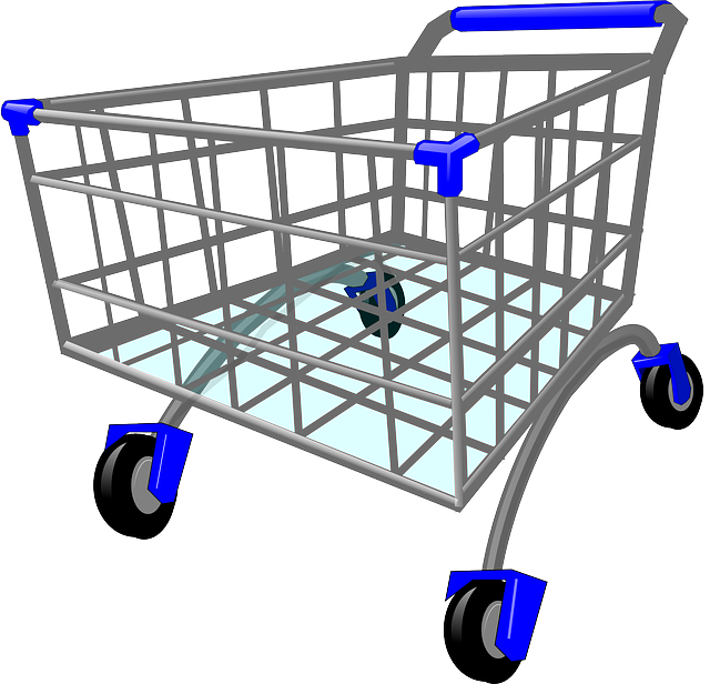 Shopping 桌布 壁紙 — 一架時尚的銀色購物車，帶有藍色點綴和黑色輪子，空置在純白色背景上。