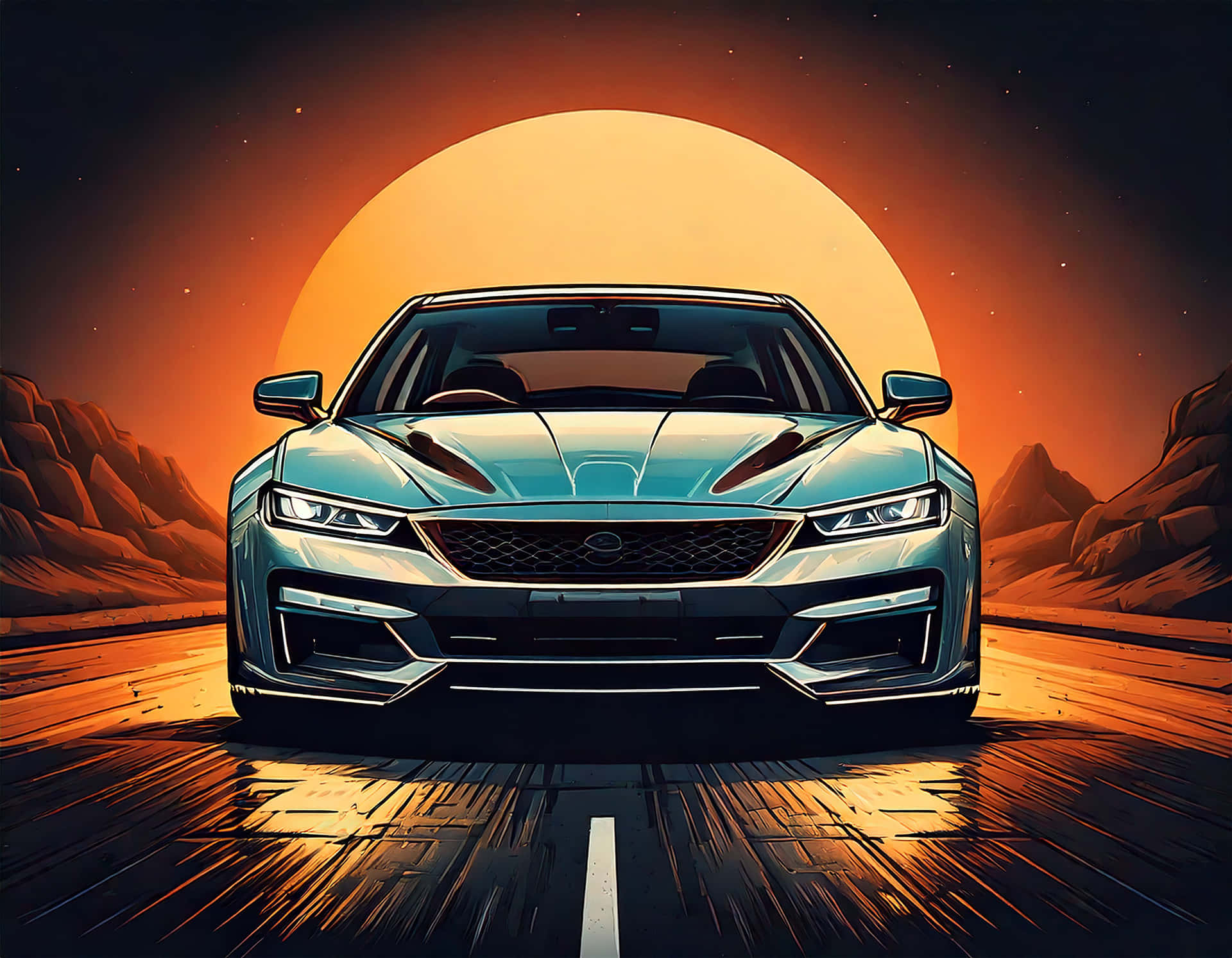 Car 壁紙 — 一架時尚的青綠色跑車在沙漠公路上飛馳，頭頂是巨大的橙色太陽，星空滿天，岩石地形。
