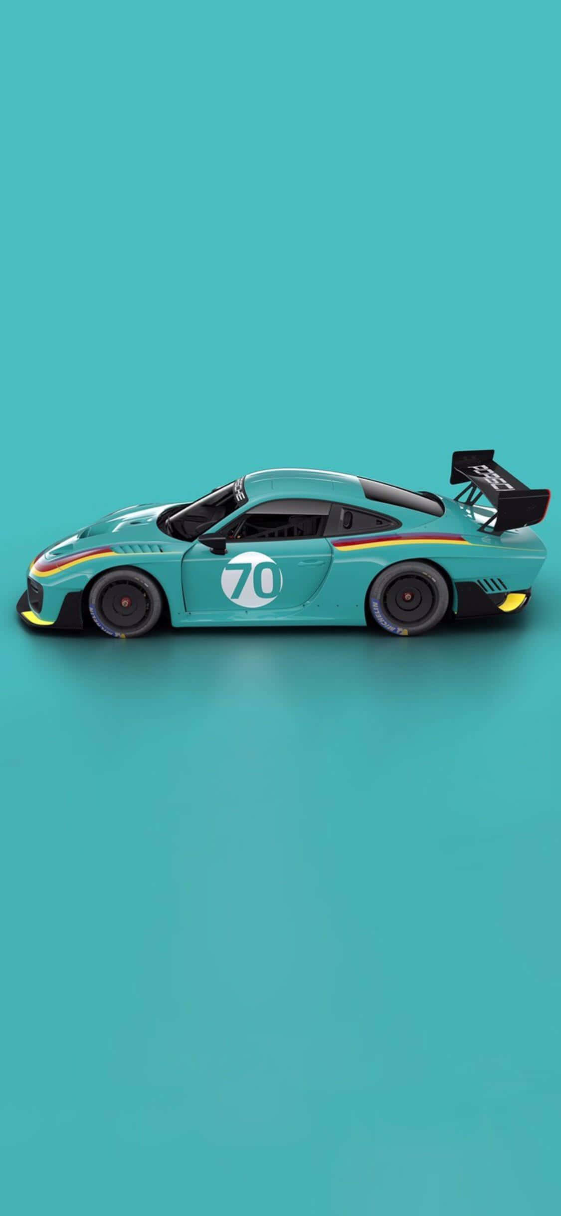 Porsche iPhone 桌布 壁紙 — 一架時尚的青色賽車，帶有70號和彩虹條紋，在純青色背景上滑行。
