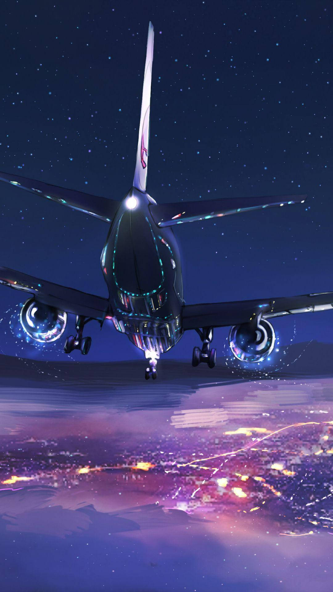飛機 桌布 壁紙 — 一架時尚的飛機在星空下夜間降落在發光的城市景觀上。