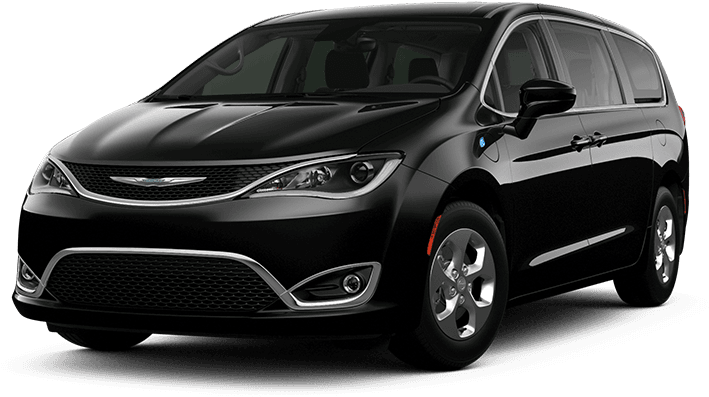 克萊斯勒 桌布 壁紙 — 一架時尚的黑色 Chrysler Pacifica 小型貨車在純黑色背景上展示，鍍鉻裝飾在攝影棚燈光下閃閃發光。