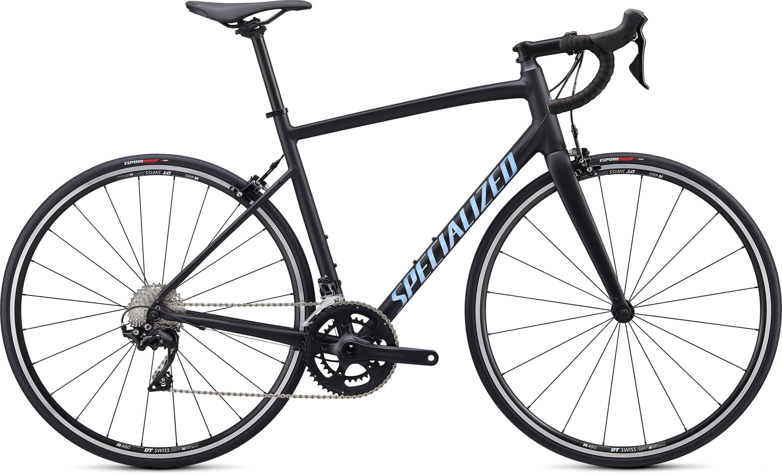 腳踏車 桌布 壁紙 — 一架時尚的黑色Specialized公路自行車，帶有藍色品牌標誌和銀色輪圈，孤立在潔白的背景上。
