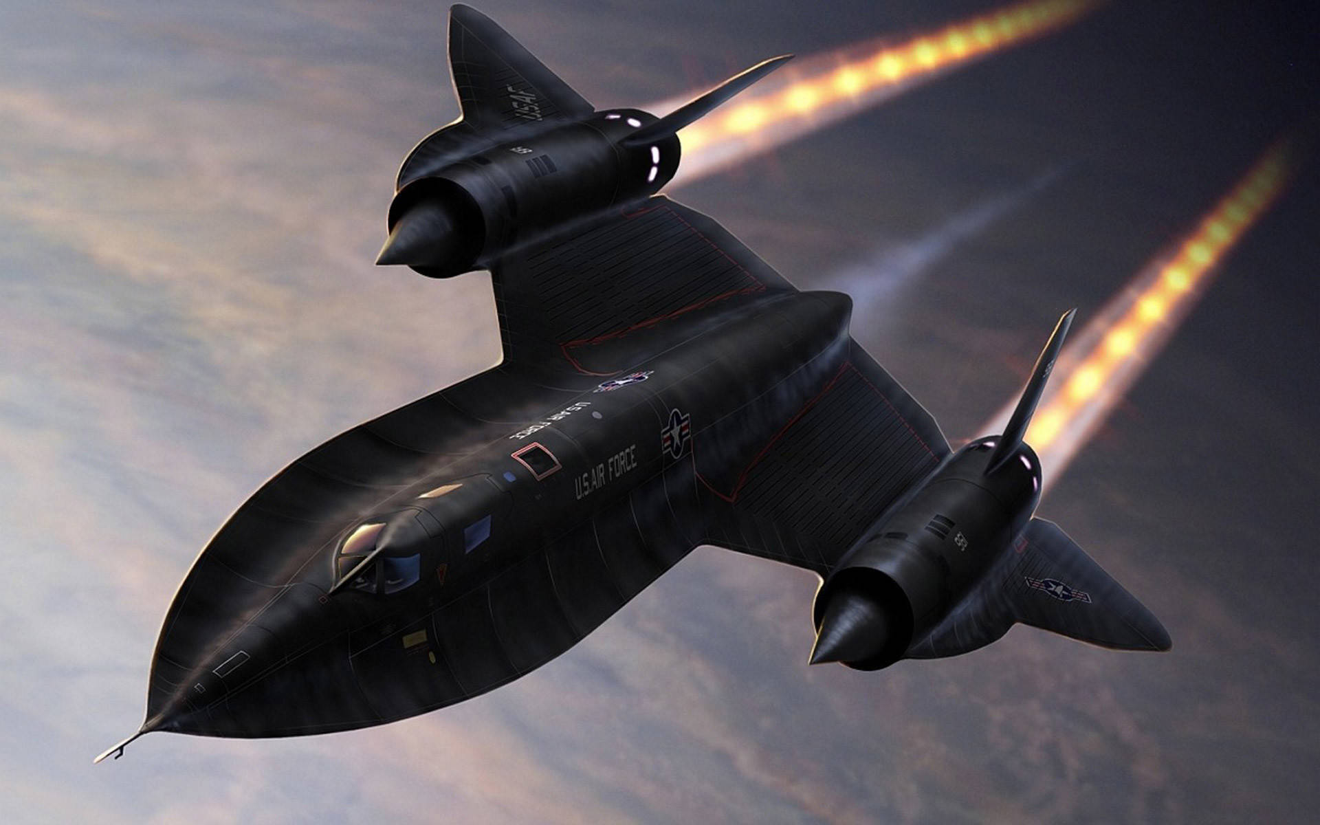 Air Force 桌布 壁紙 — 一架時尚的黑色SR-71黑鳥噴射機在暮色天空中翱翔，留下熾熱的凝結尾跡。