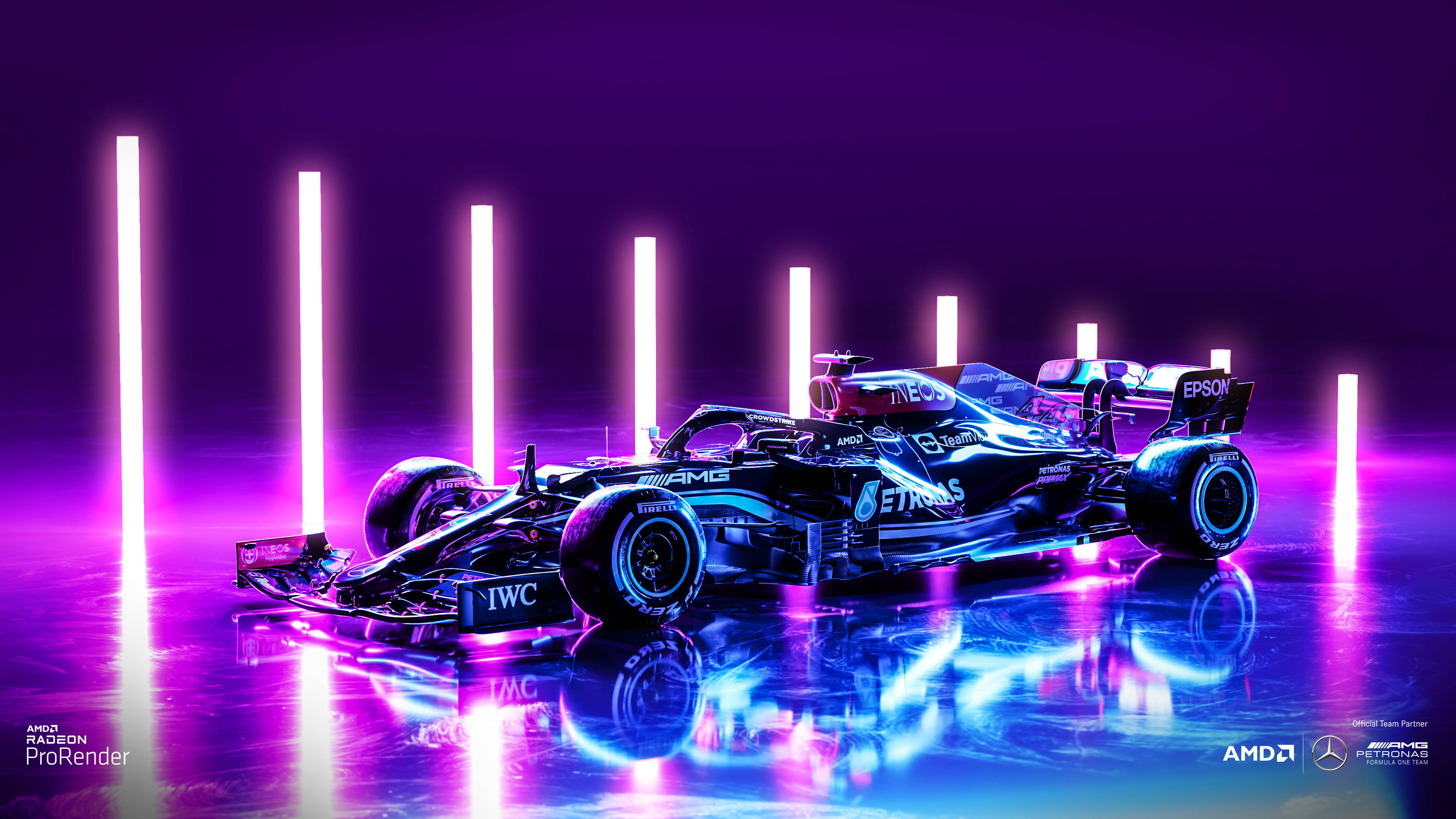 酷炫F1 桌布 壁紙 — 一架時尚的黑色和藍色一級方程式賽車在反射的濕滑表面上，在充滿活力的紫色霓虹燈下發光。