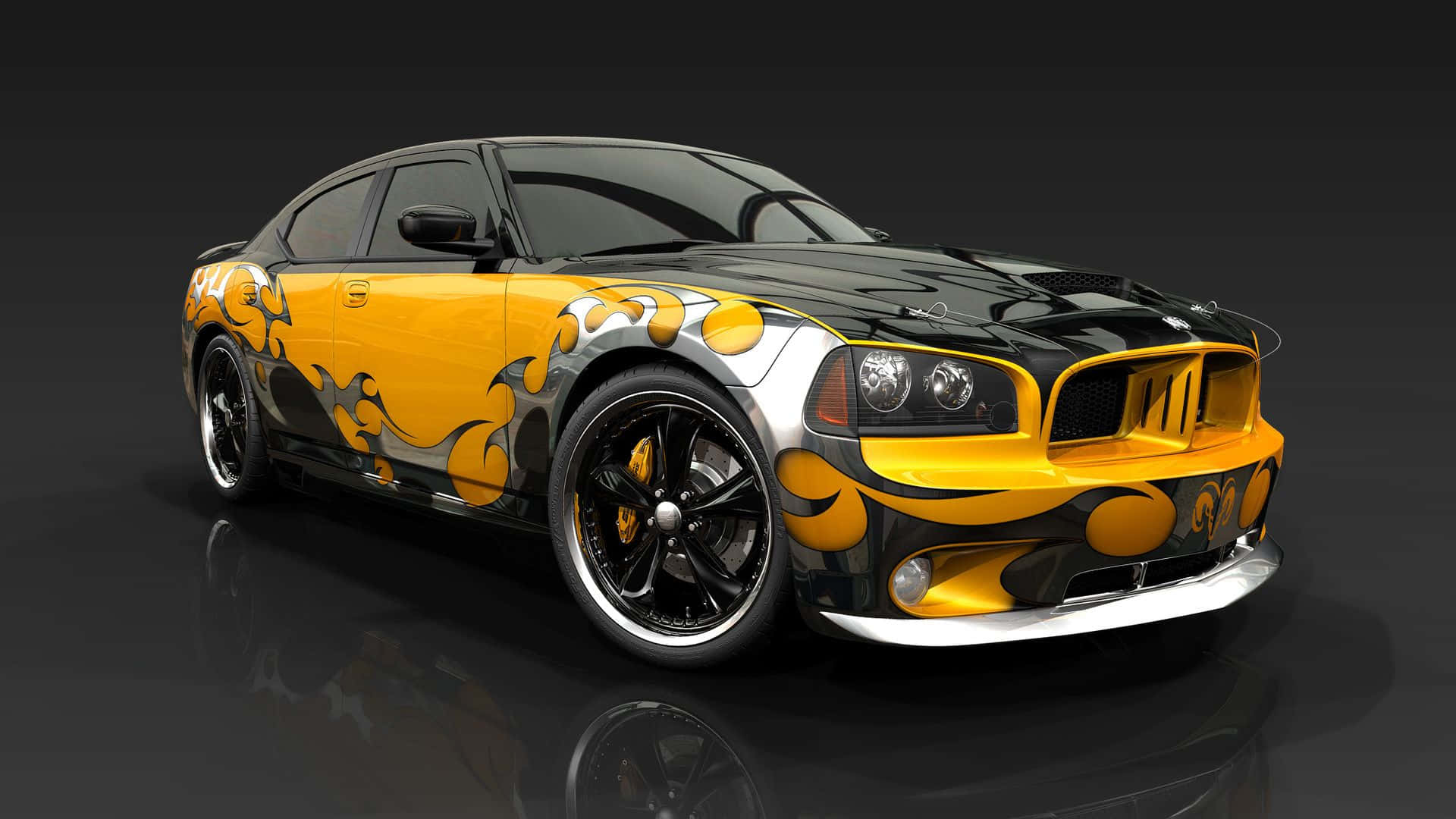 Car Design 桌布 壁紙 — 一架時尚的黑色和黃色肌肉車，帶有醒目的火焰貼花，在反射性深色地板上於工作室燈光下閃閃發光。