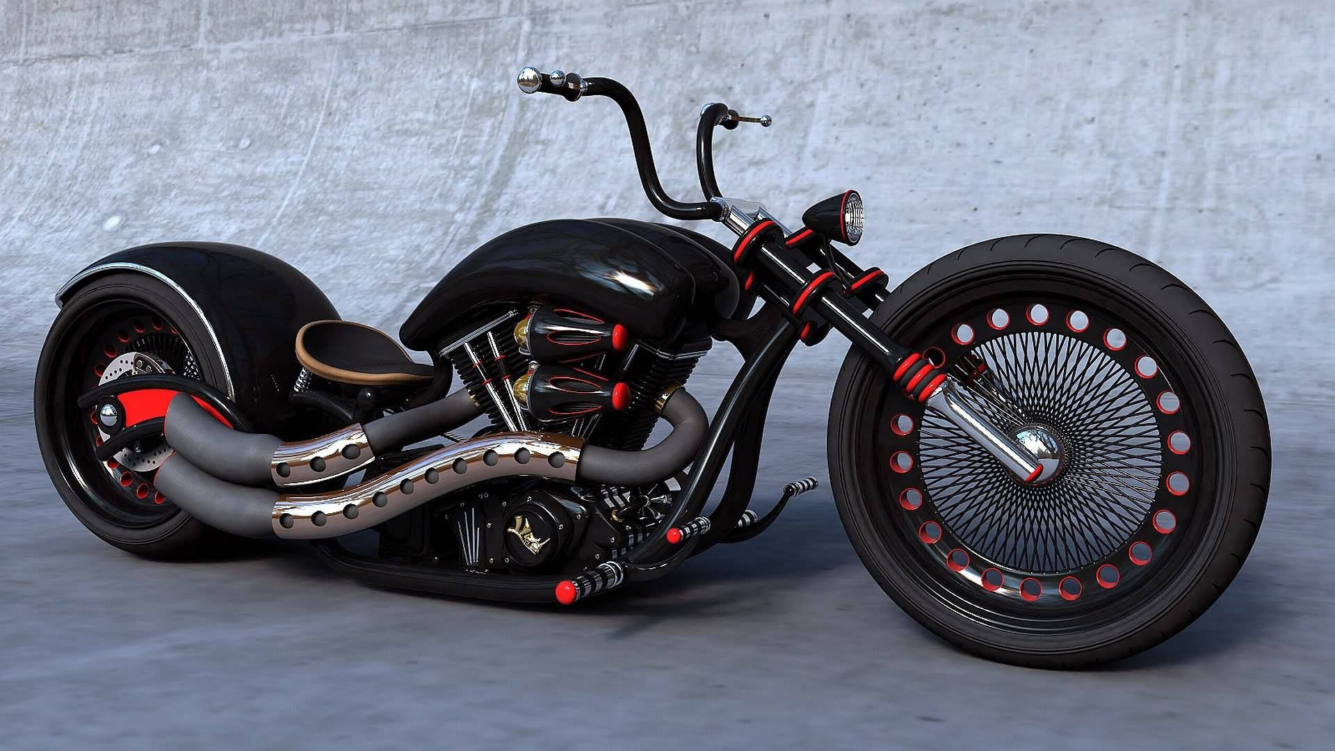 Bobber 桌布 壁紙 — 一架時尚的黑色定制chopper摩托車，帶有紅色點綴和鍍鉻細節，靠在紋理混凝土牆上。