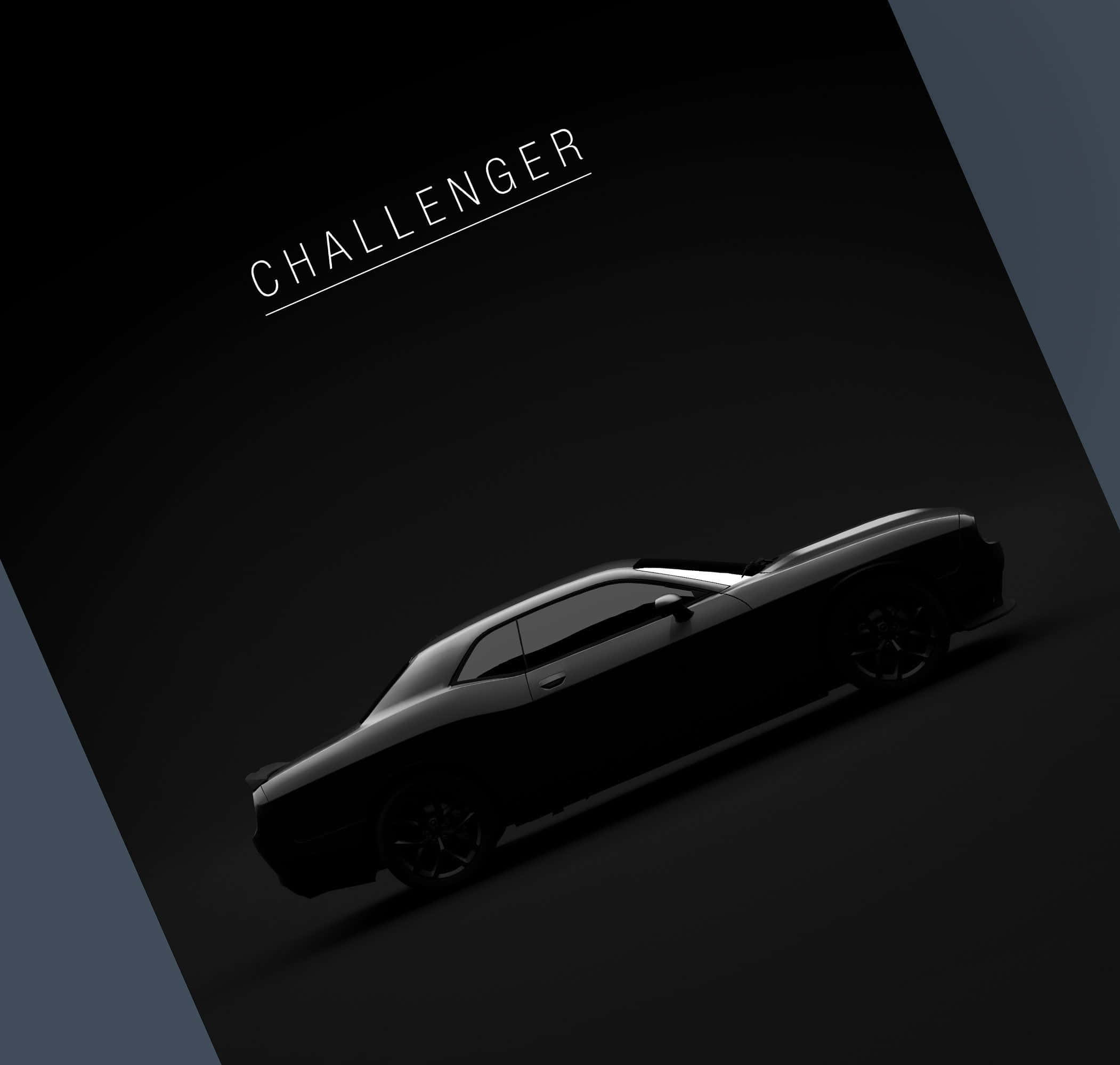 Minimalist Car 桌布 壁紙 — 一架時尚的黑色挑戰者肌肉車在極簡風格的黑暗工作室中滑行，配有戲劇性的燈光和粗體白色文字。