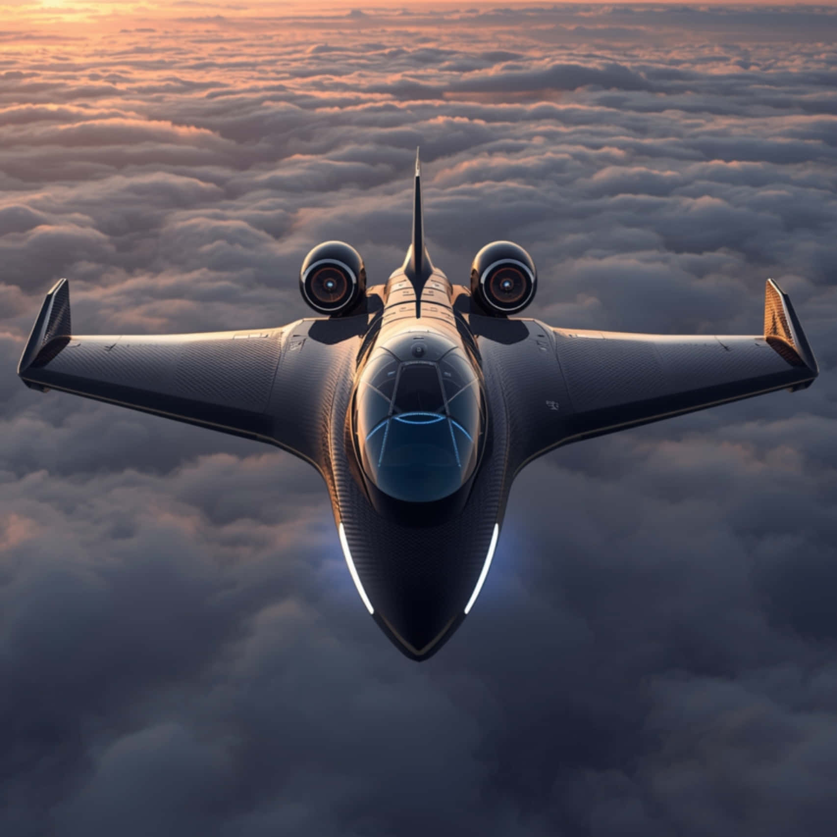 Aircraft 桌布 壁紙 — 一架時尚的黑色未來噴射機在沐浴在金色日落光芒的雲海上翱翔。