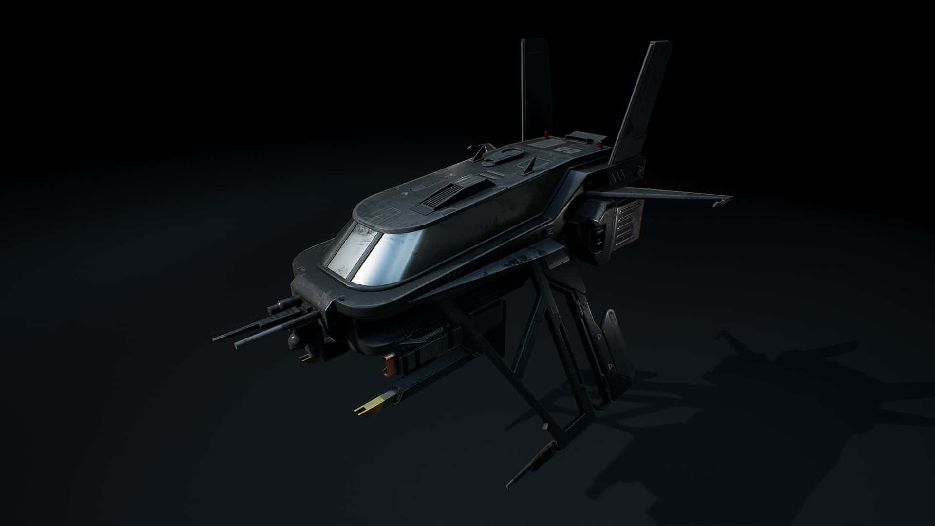 Spaceship 桌布 壁紙 — 一架時尚的黑色未來戰鬥無人機在黑暗中盤旋，下方投射出銳利的陰影。