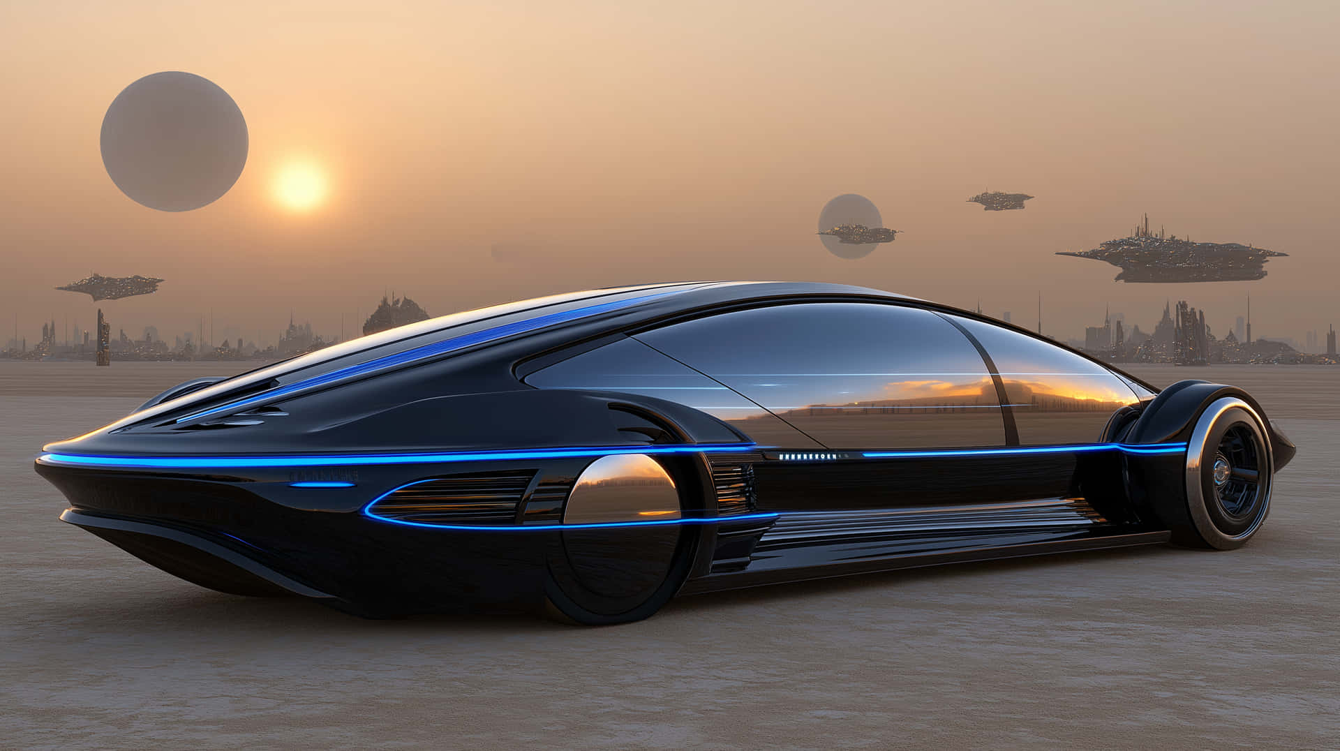 Visionary Aerodynamic Automobile on a Distant World 壁紙 — 一架時尚的黑色未來汽車帶有發光藍色點綴，停放在沙漠平原上，天空是日落景色，有漂浮行星和遙遠的飛行城市。