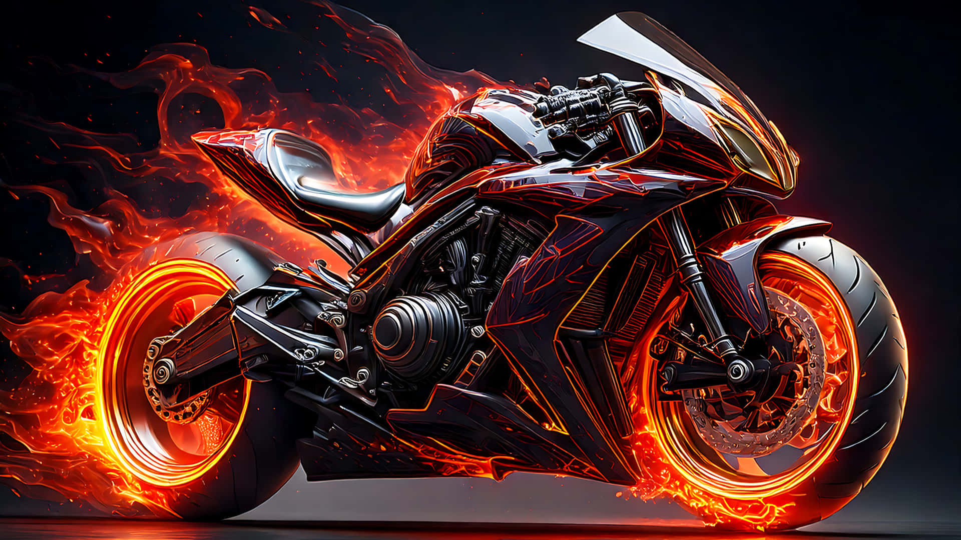 Blazing Superbike 壁紙 — 一架時尚的黑色機車在黑暗背景下爆發出鮮豔的橙色火焰。