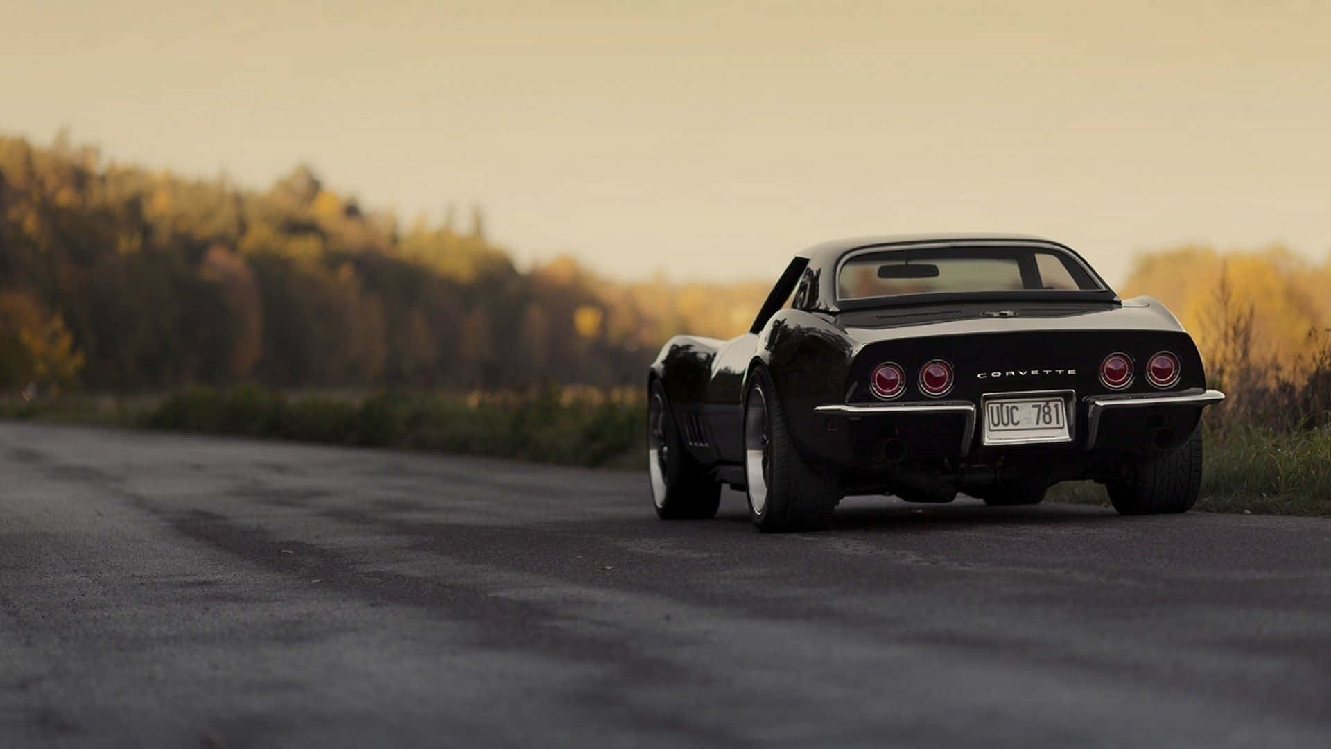 corvette 桌布 壁紙 — 一架時尚的黑色經典Corvette在黃金時段沿著一條安靜的道路行駛，地平線上排列著秋天的樹木。