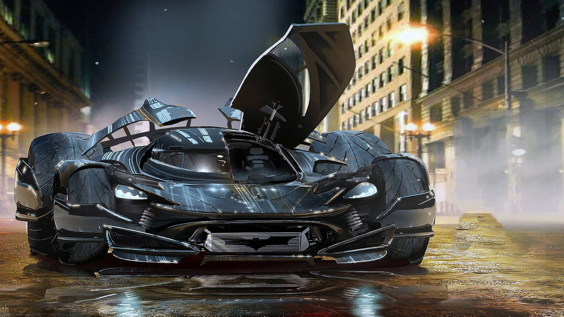 Batmobile 桌布 壁紙 — 一架時尚的黑色蝙蝠車配鷗翼門，夜晚停在濕漉漉的城市街道上，被街燈和閃爍的車頭燈照亮。