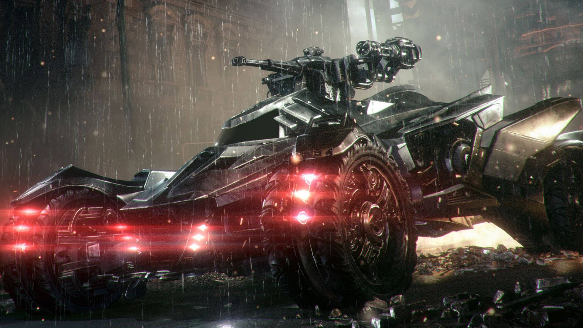 Batmobile 桌布 壁紙 — 一架時尚的黑色裝甲蝙蝠車，帶有發光的紅色燈光，夜晚佇立在雨淋的都市廢墟中。