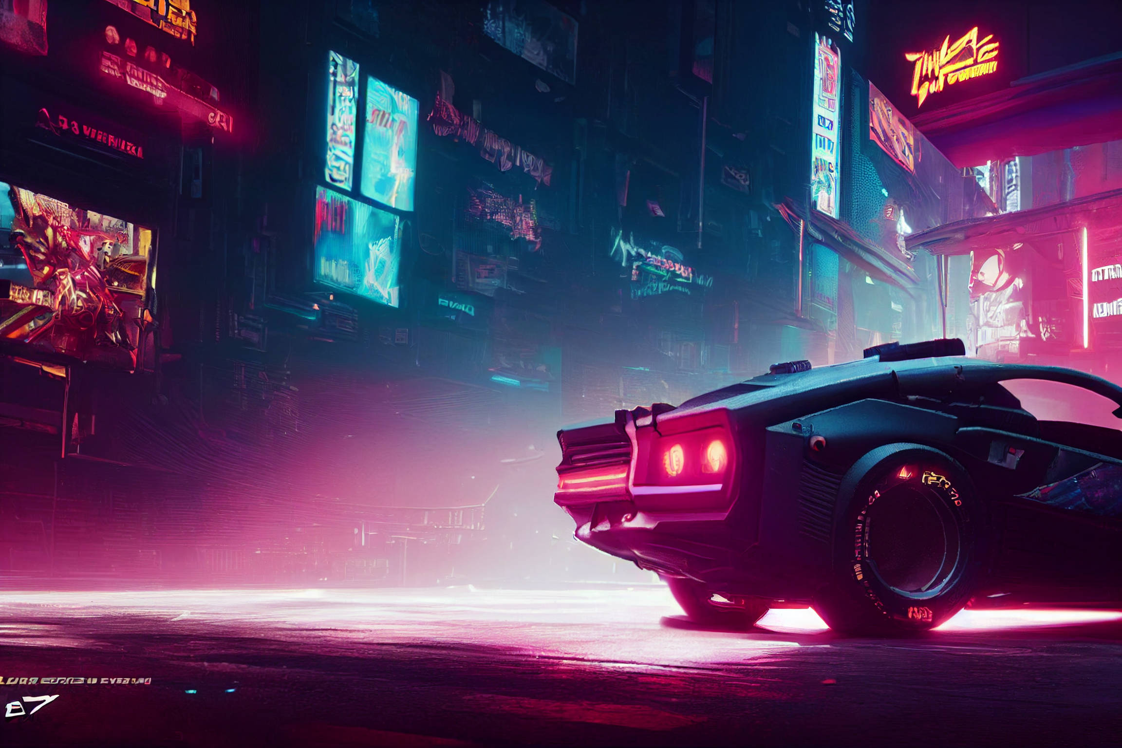 Cyberpunk Desktop 桌布 壁紙 — 一架時尚的黑色賽博龐克跑車在霓虹燈閃爍、雨水濕滑的夜晚街道上發出紅色尾燈的光芒。