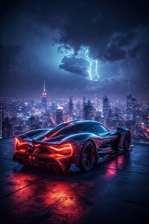 Exotic Hyper car on Neon City Rooftop Dramatic 4K 壁紙 — 一架時尚的黑色跑車帶有發光的紅色尾燈，停在天台上，俯瞰著霓虹燈閃爍的城市景觀，天空風雨交加，閃電劃破天際。