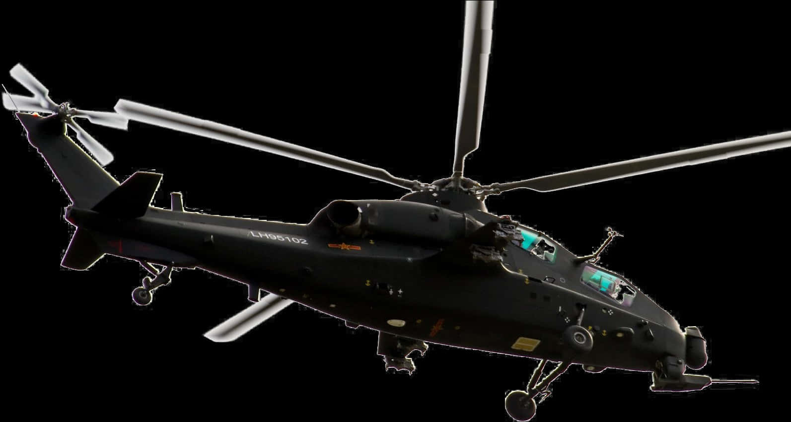 Helicopter 桌布 壁紙 — 一架時尚的黑色軍用直升機，帶有旋轉的葉片和可見的駕駛艙細節，背景為 stark 黑色。
