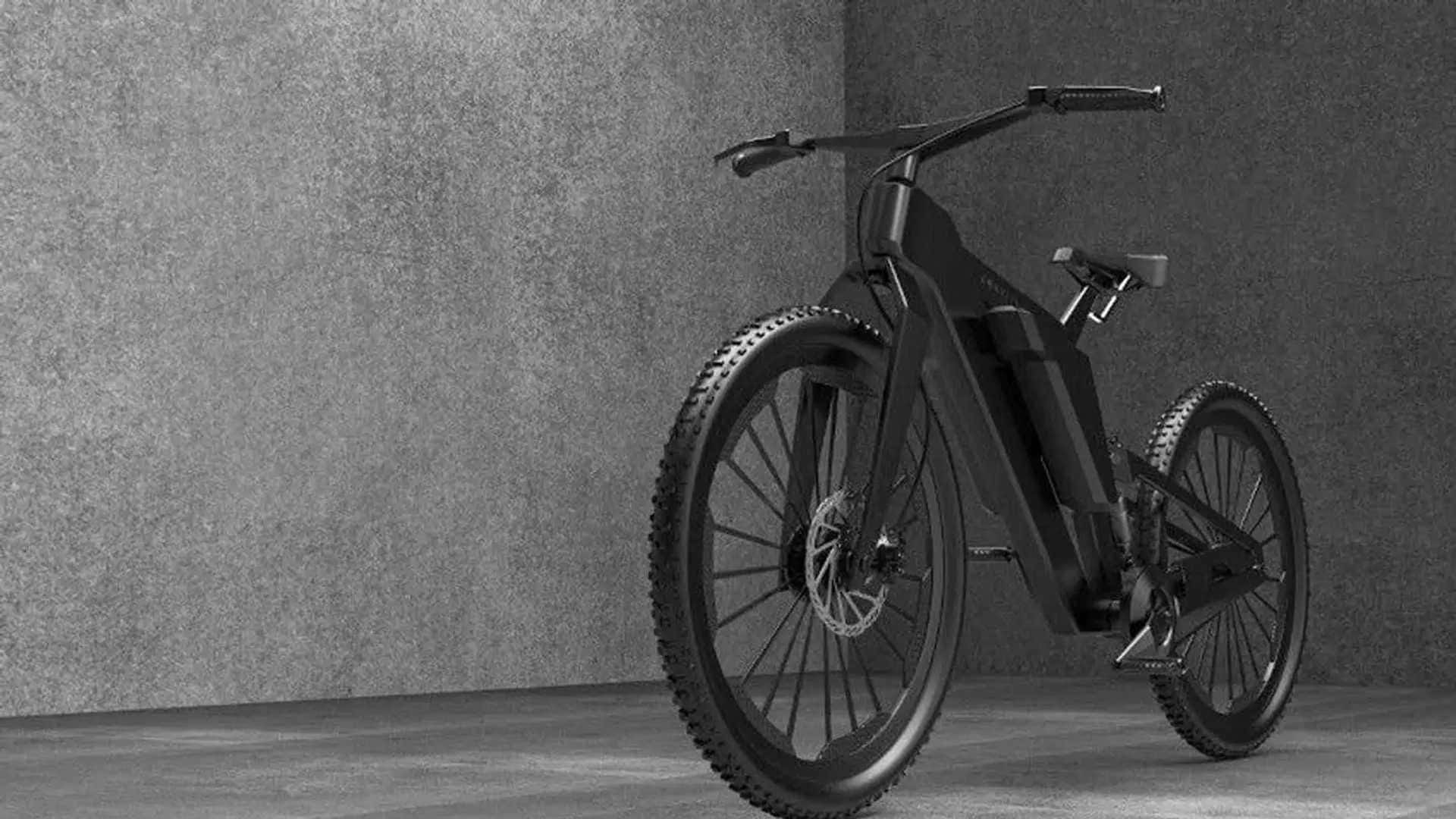 Electric Bike 桌布 壁紙 — 一架時尚的黑色電動登山車矗立在簡約灰色混凝土房間中，牆壁和地板帶有紋理。