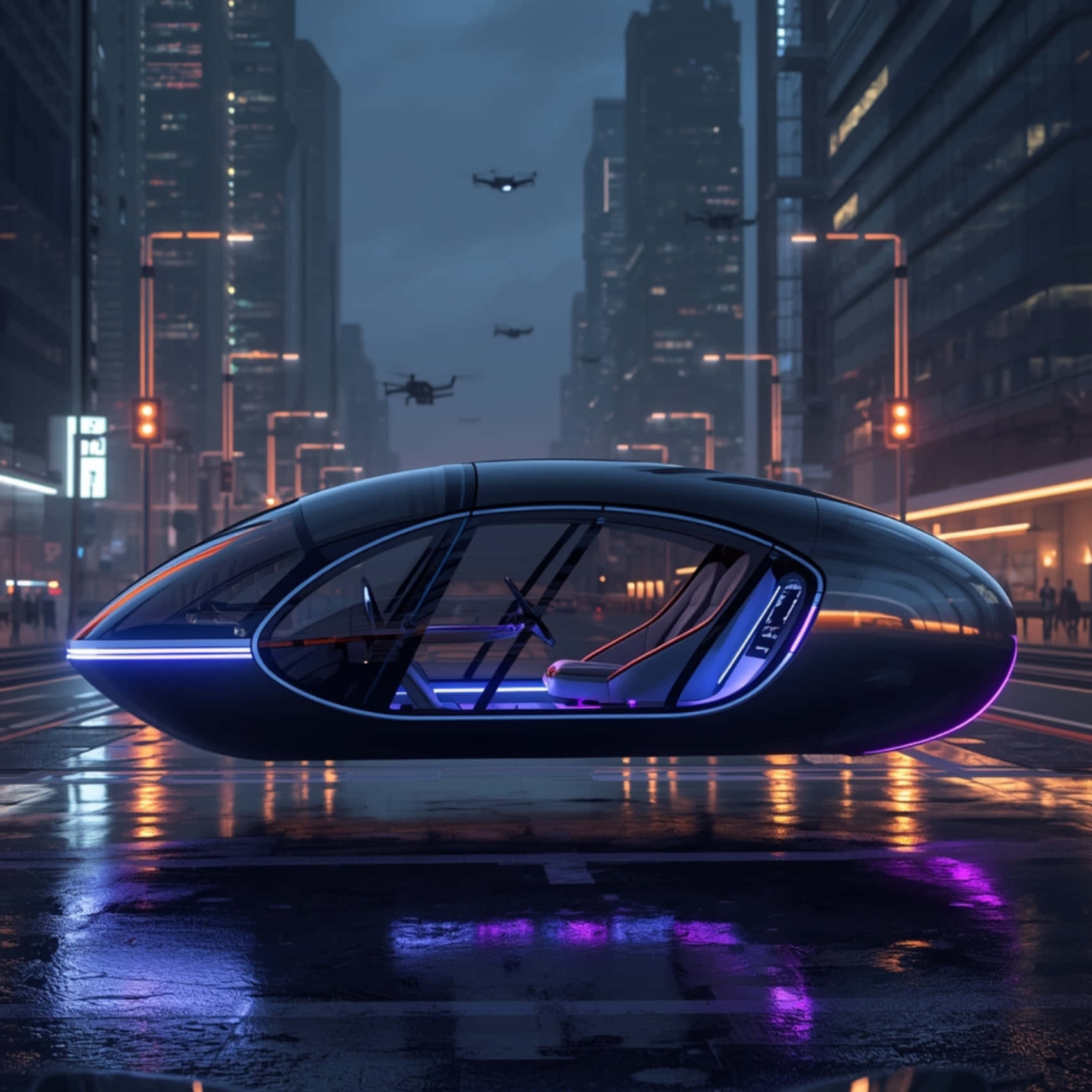 flying car 桌布 壁紙 — 一架時尚的黑色飛行汽車，帶有發光的藍色和紫色燈光，懸浮在一條潮濕的霓虹燈城市街道上，無人機在頭頂飛過。