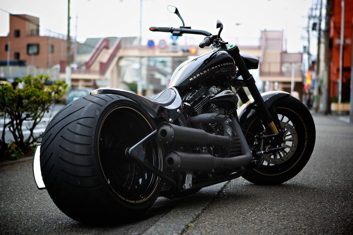 Bobber 桌布 壁紙 — 一架時尚黑色訂製哈雷戴維森chopper機車，配備超大輪胎，停放在城市街道上。