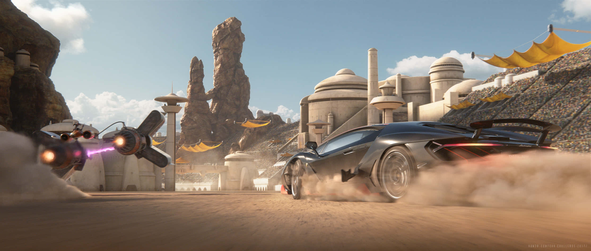 Tatooine 桌布 壁紙 — 一架時尚黑色跑車在沙漠峽谷中疾馳，附近有一艘未來風格的太空船正在發射雷射。