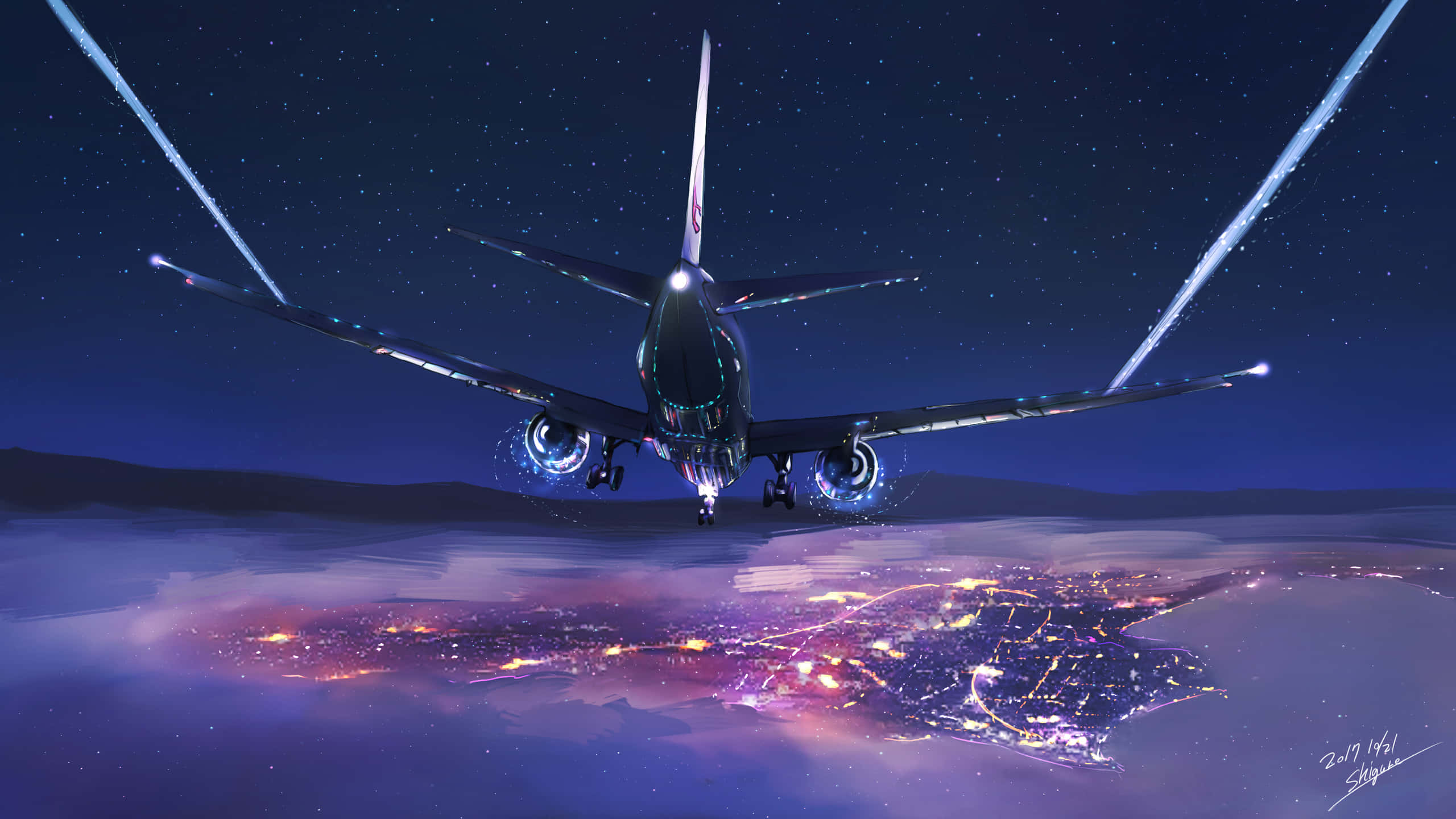 1440p Small Planes 桌布 壁紙 — 一架未來主義飛機在星空和光跡的夜晚降臨在發光的城市上空。
