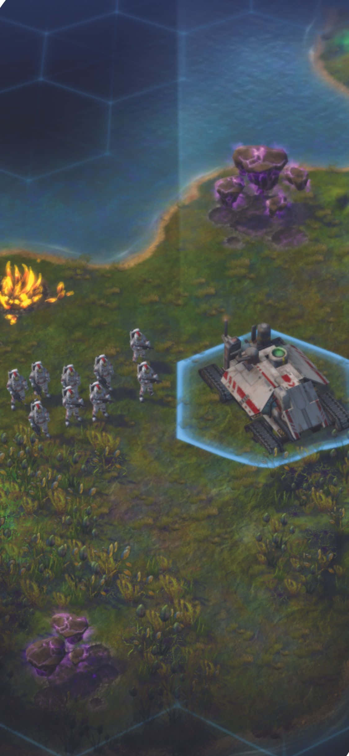 iPhone Xs Civilization Beyond Earth 桌布 壁紙 — 一架未來坦克和一隊士兵準備就緒，站在長滿草的外星地形上，有發光的六邊形網格和紫色水晶結構。