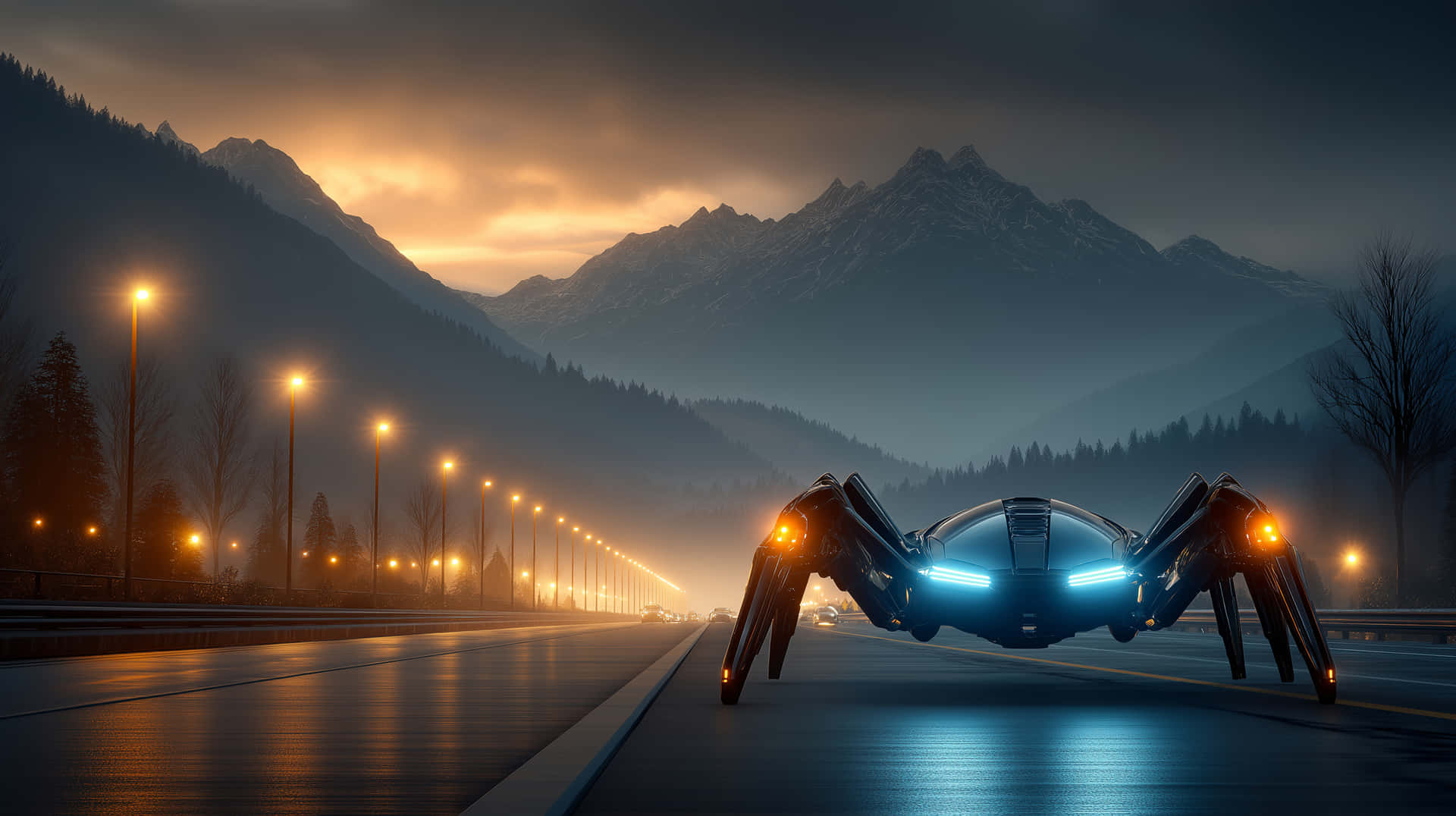 Robotic Spider Vehicle on Highway with Mountain Backdrop 壁紙 — 一架未來感十足、類似蜘蛛的車輛，發出藍色光芒，在黃昏時分懸浮在濕漉漉的高速公路上方，背景是山脈。