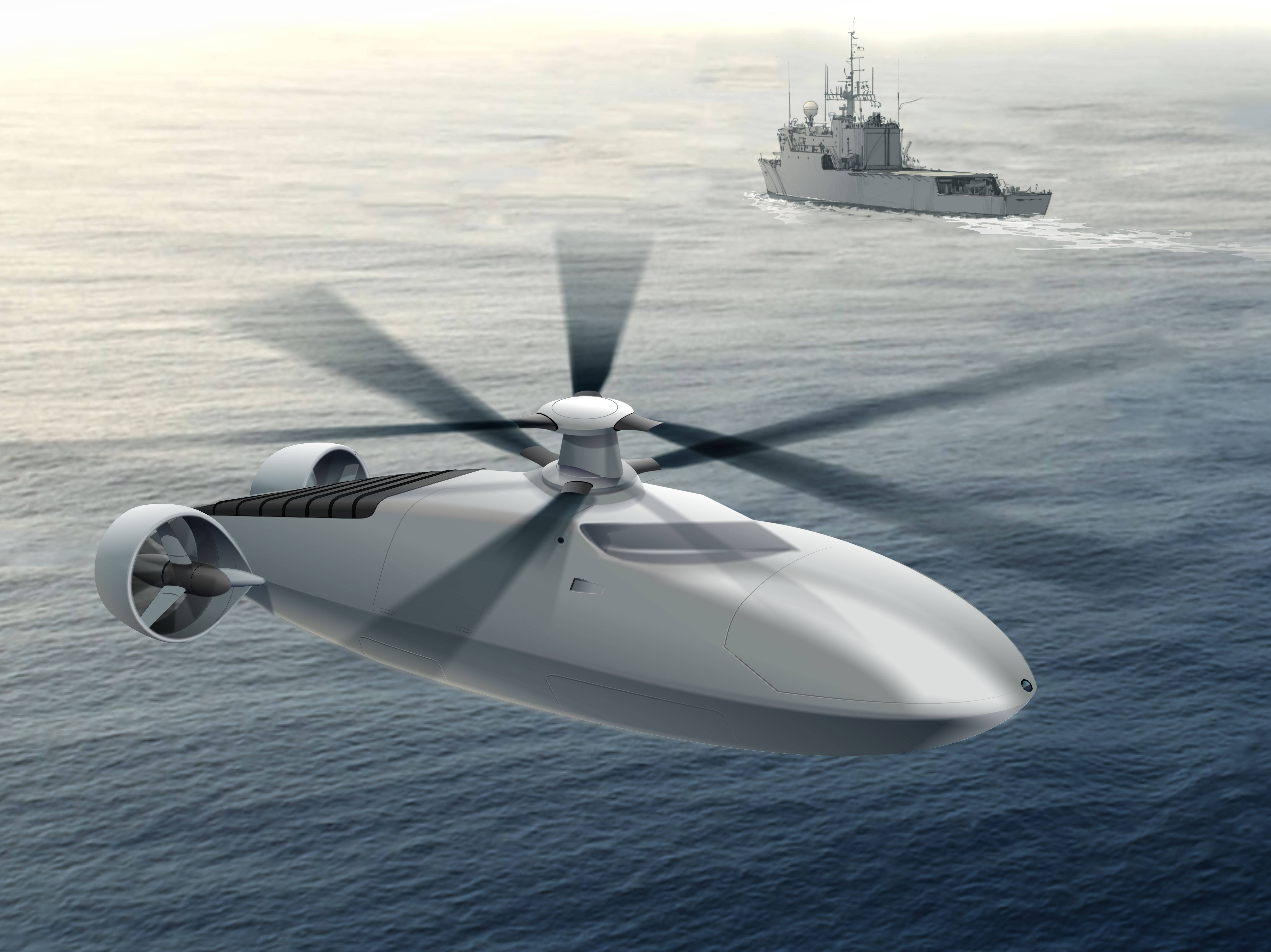Helicopter 桌布 壁紙 — 一架未來感的白色氣墊船在海浪上滑行，遠處有軍艦在朦朧的天空下可見。