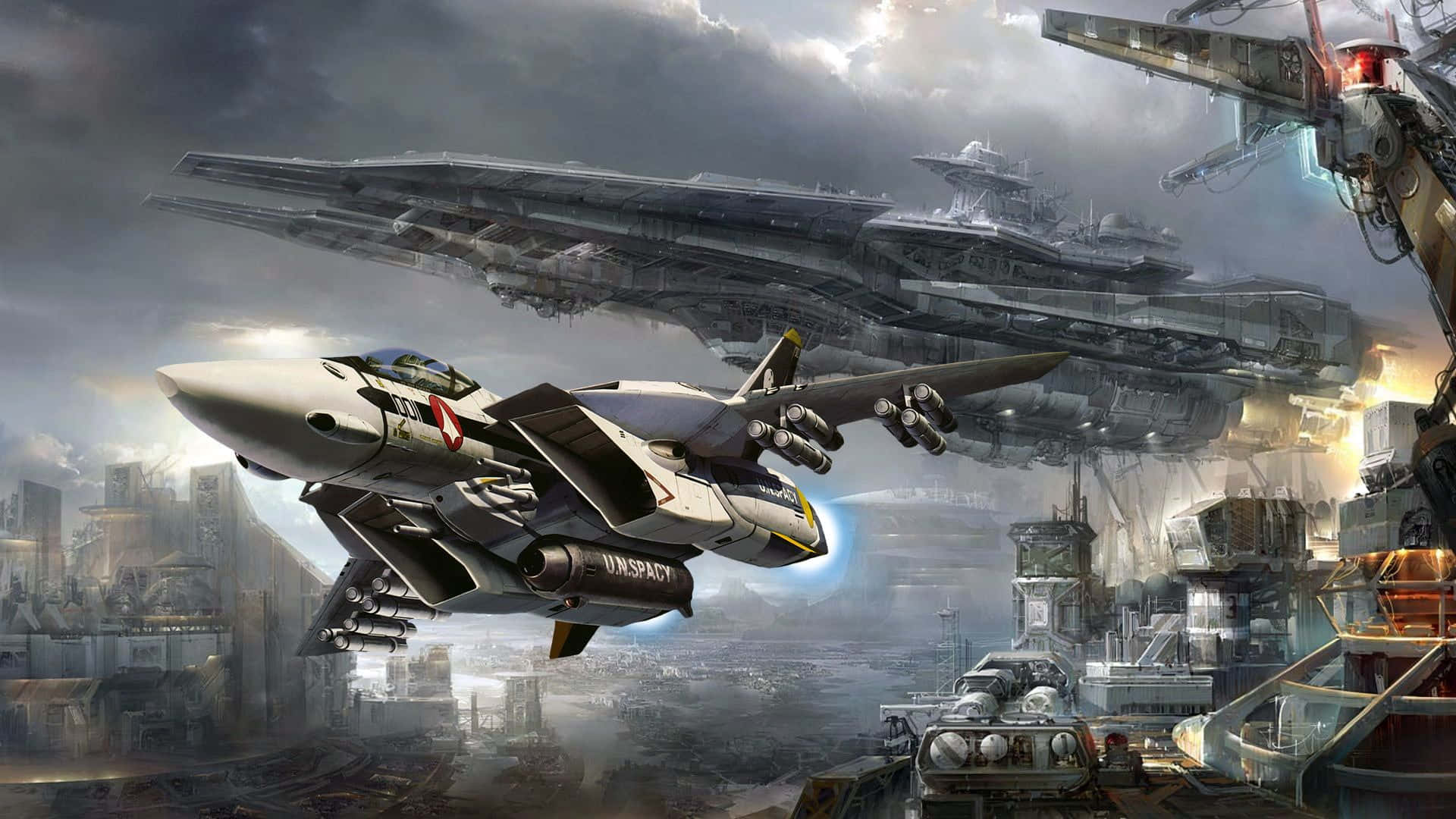 robotech 桌布 壁紙 — 一架未來戰機在暴風雨的天空中翱翔，下方是廣闊的科幻城市景觀，上方有巨大的戰艦籠罩。