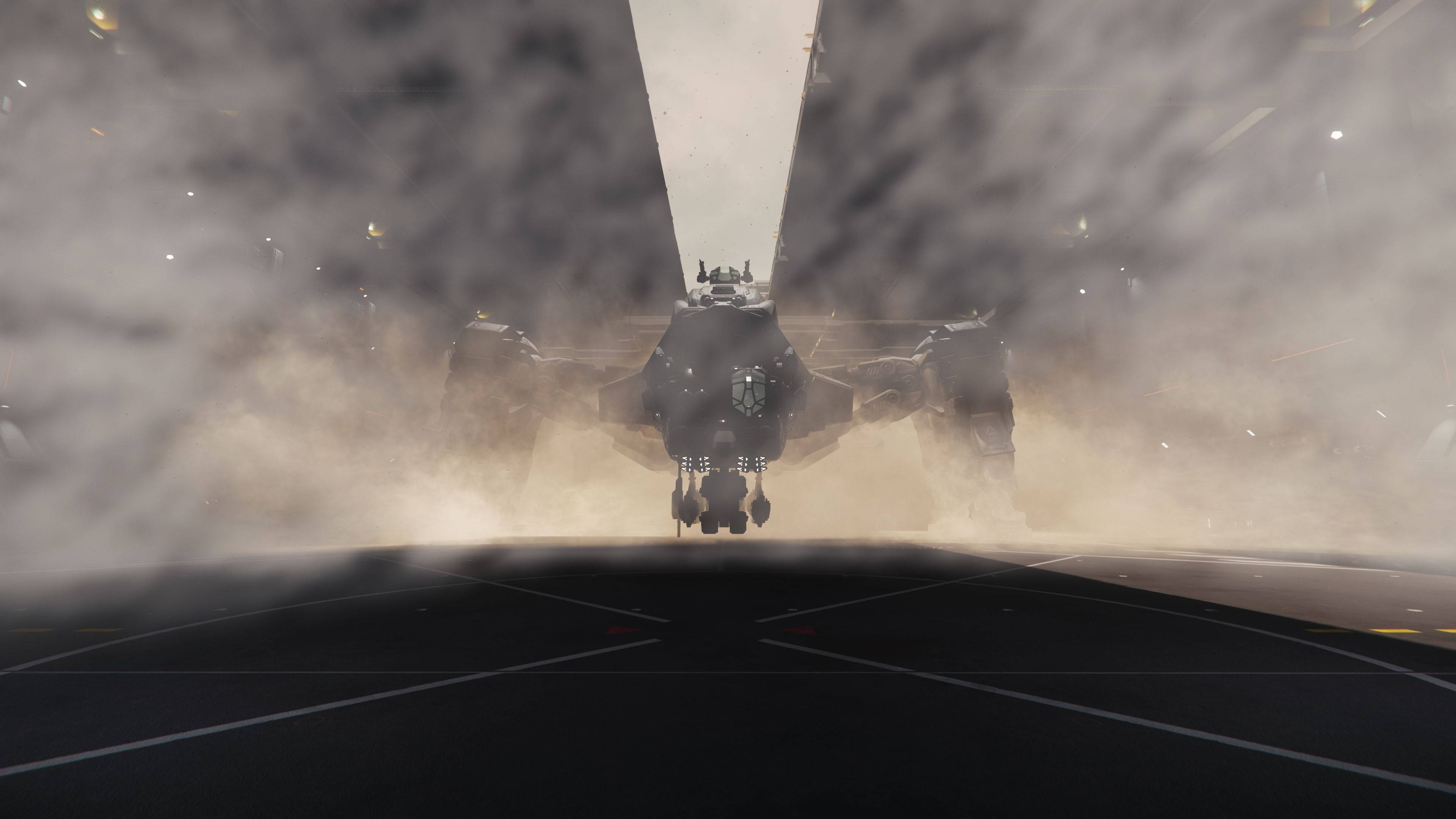 Star Citizen 桌布 壁紙 — 一架未來戰機在黑暗的跑道上，從濃煙中衝出，上方有強烈的燈光。