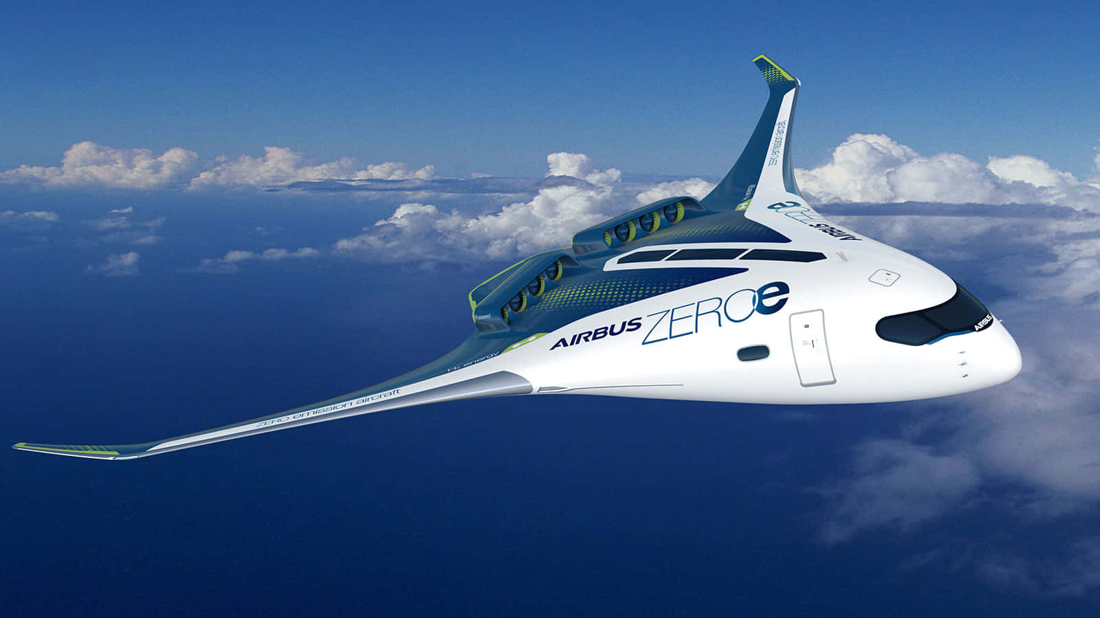 Plane 桌布 壁紙 — 一架未來的空中巴士ZEROe氫動力飛機在清澈的藍天中翱翔於蓬鬆的白雲之上。