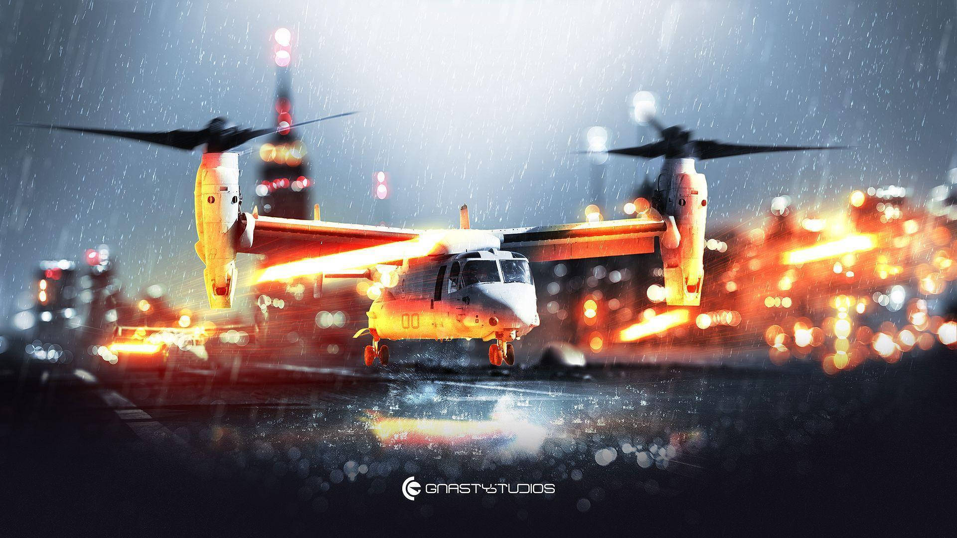 Battlefield 4 City 桌布 壁紙 — 一架未來風格的傾轉旋翼機在夜晚盤旋於被雨水浸濕的城市上空，背景是發光的散景燈光。