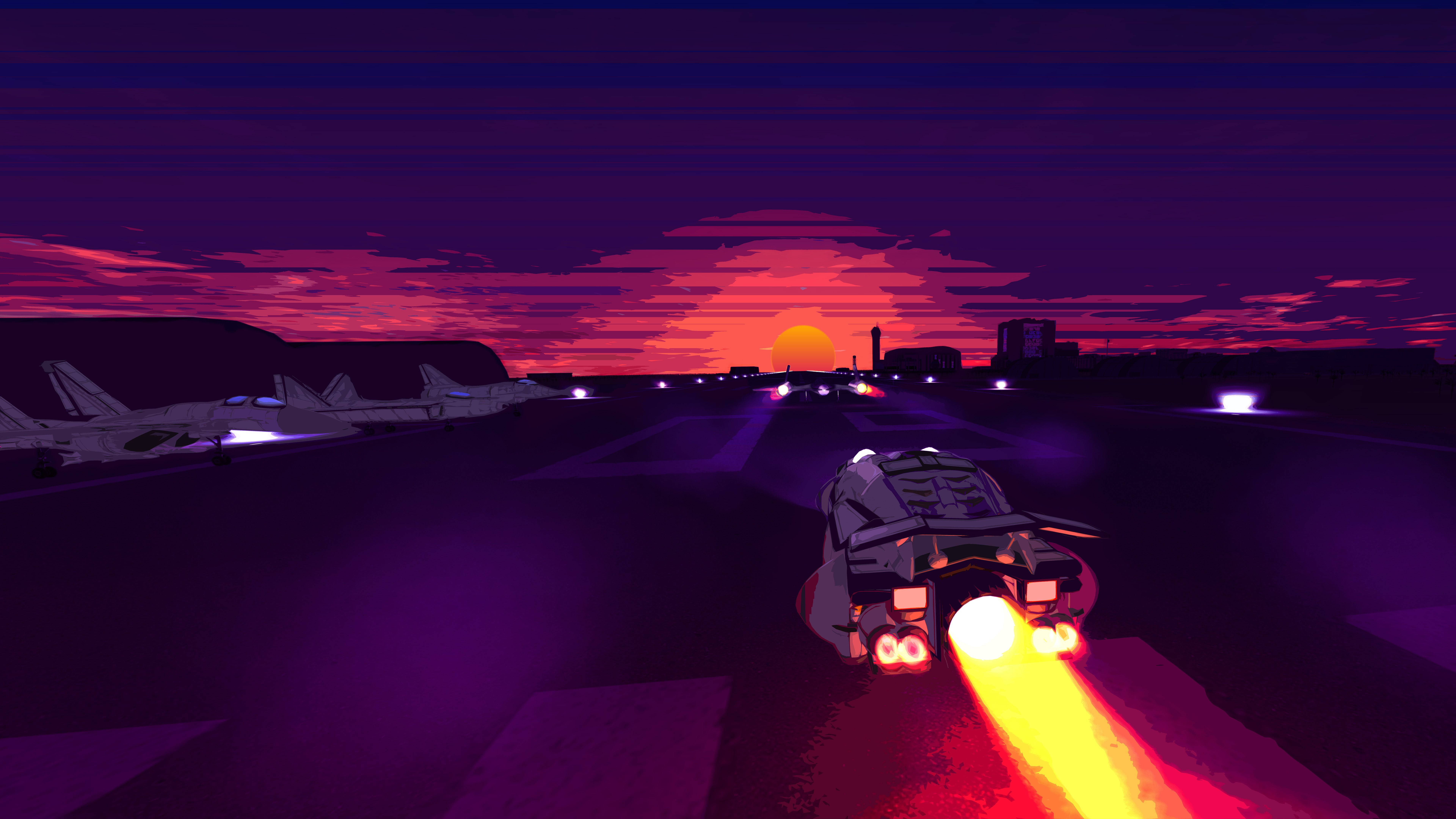 Outrun 桌布 壁紙 — 一架未來風格的噴射機在夕陽下沿跑道疾馳，引擎發光，天空呈紫色。